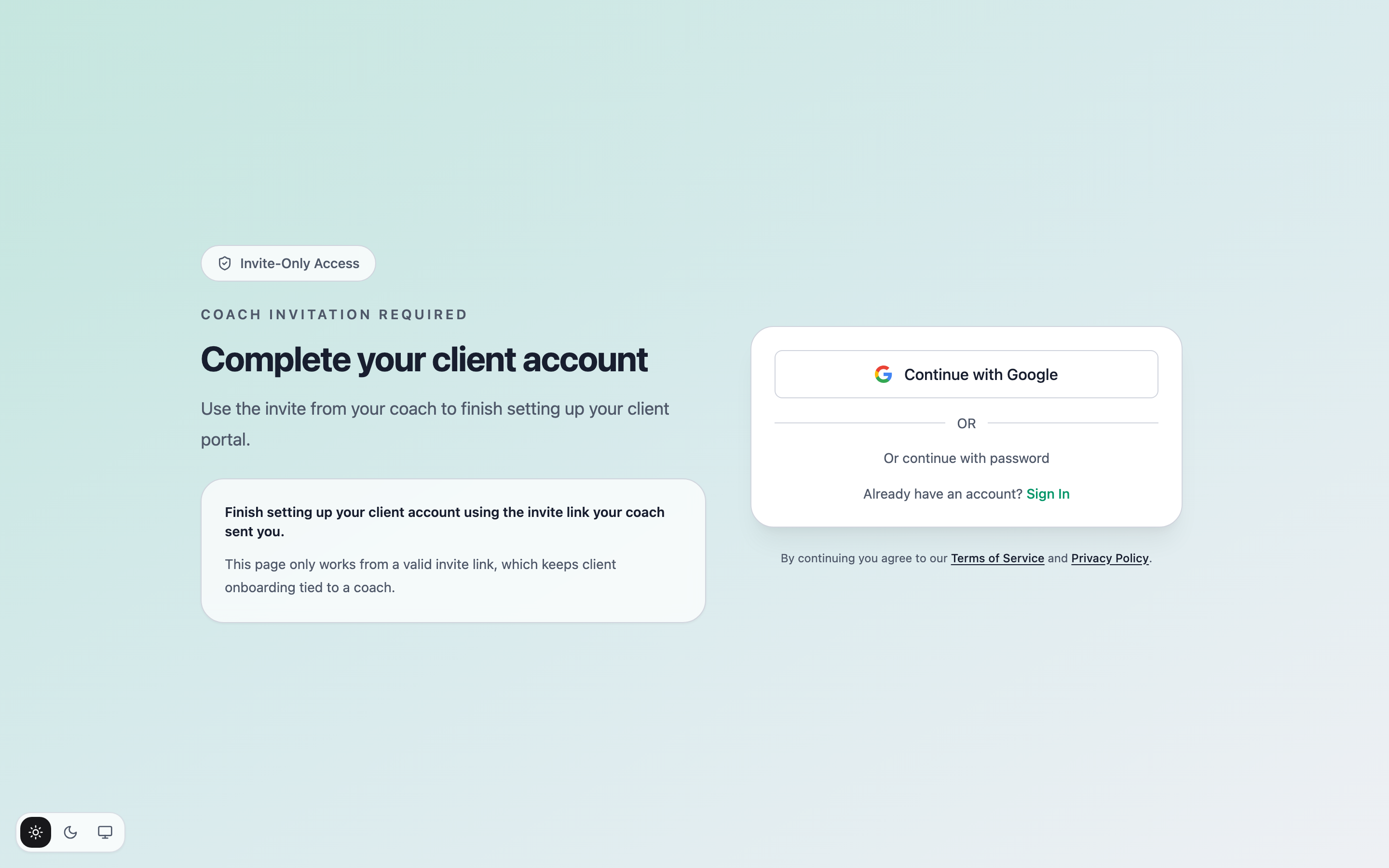 The client sign-up page reached from an invite link