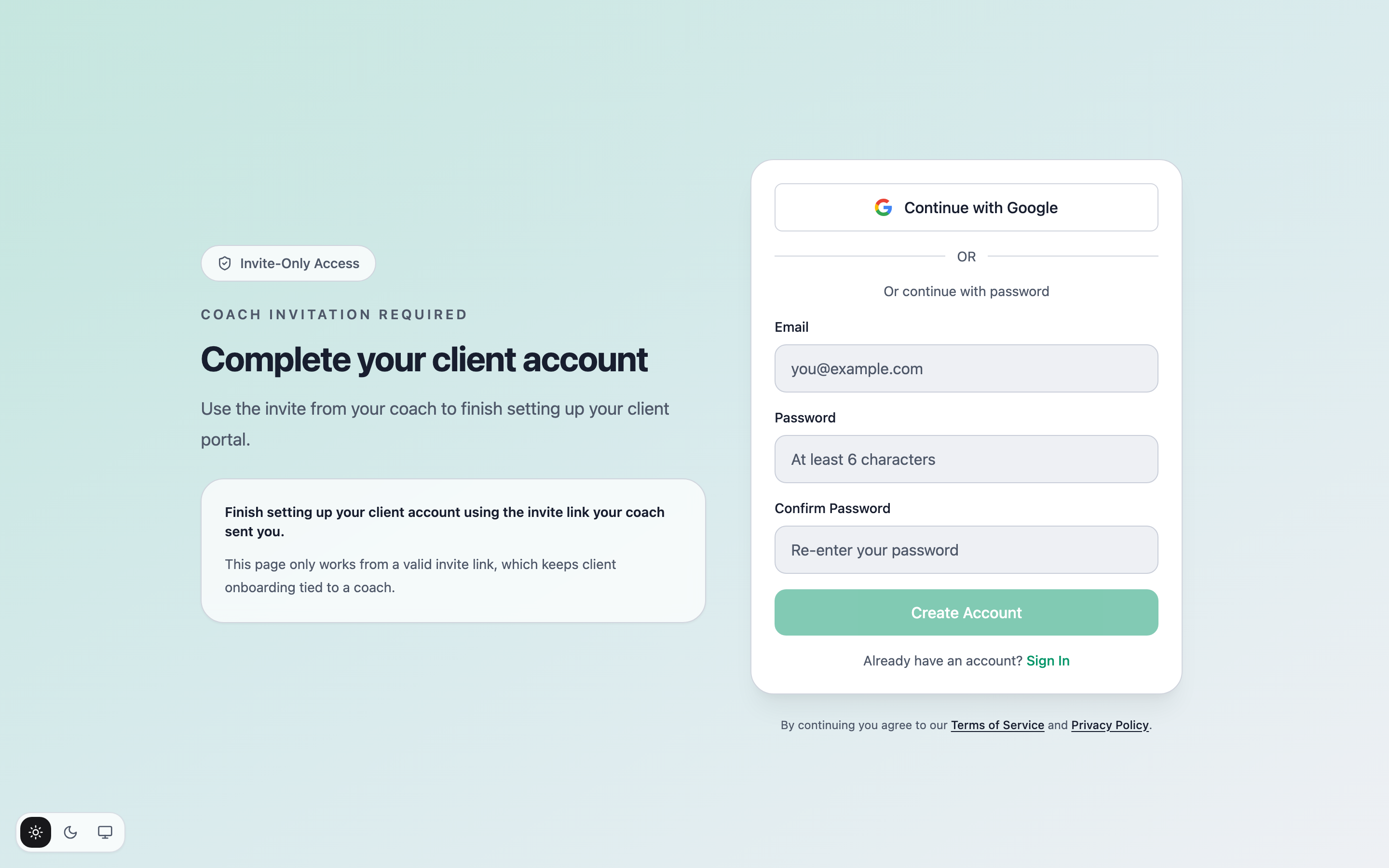 The sign-up options with the password path revealed