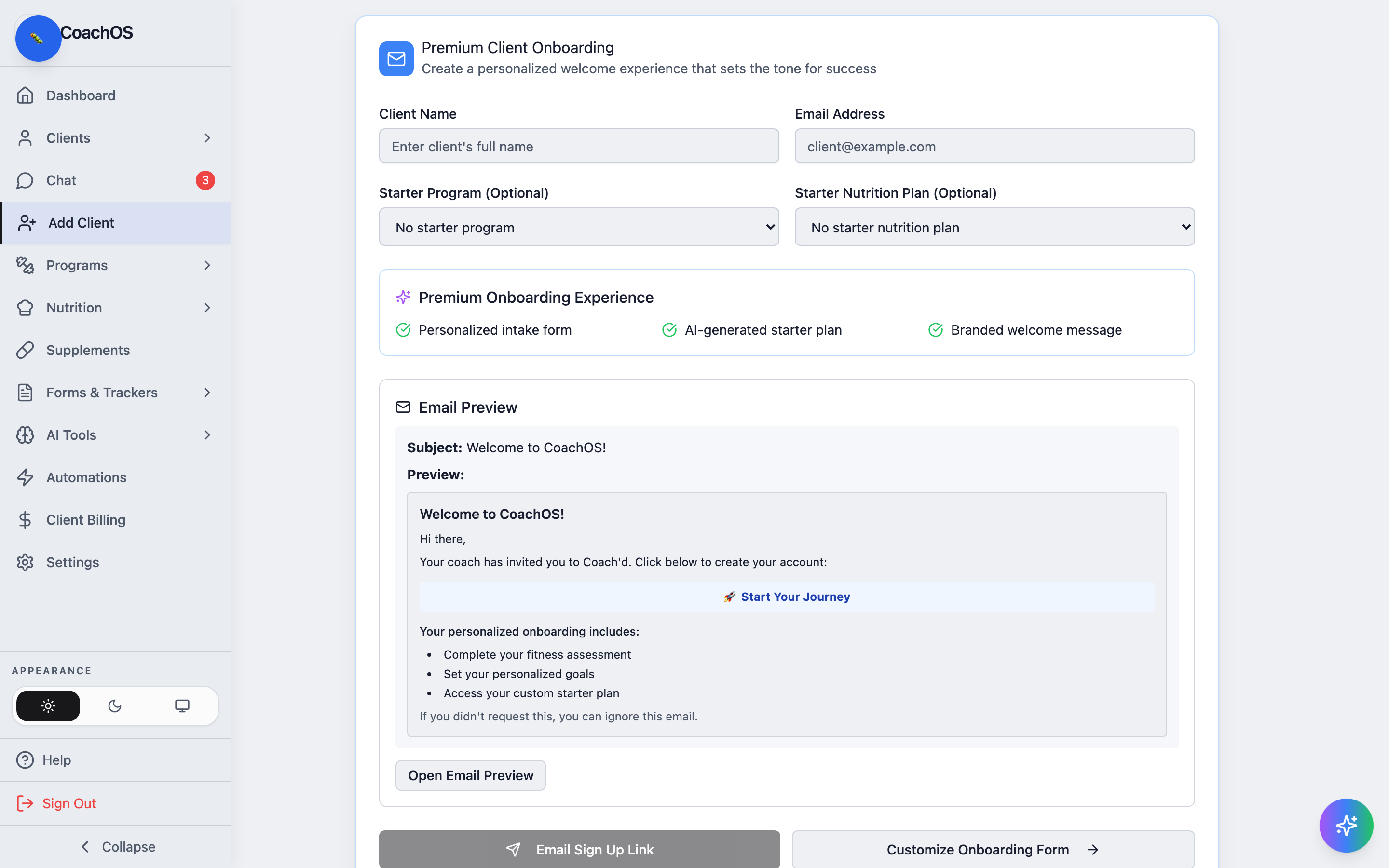 The Add Client page with the client onboarding form and email preview