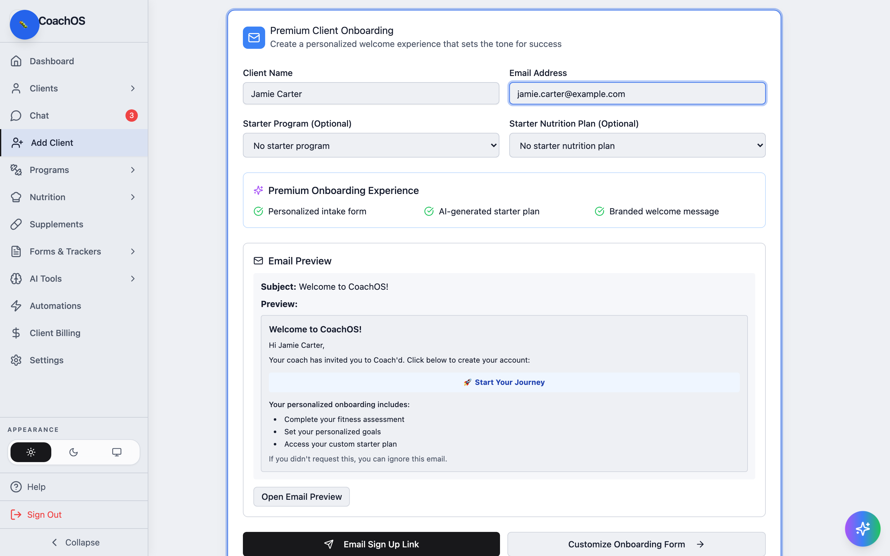 The form filled in with a client's name and email, with the email preview updated