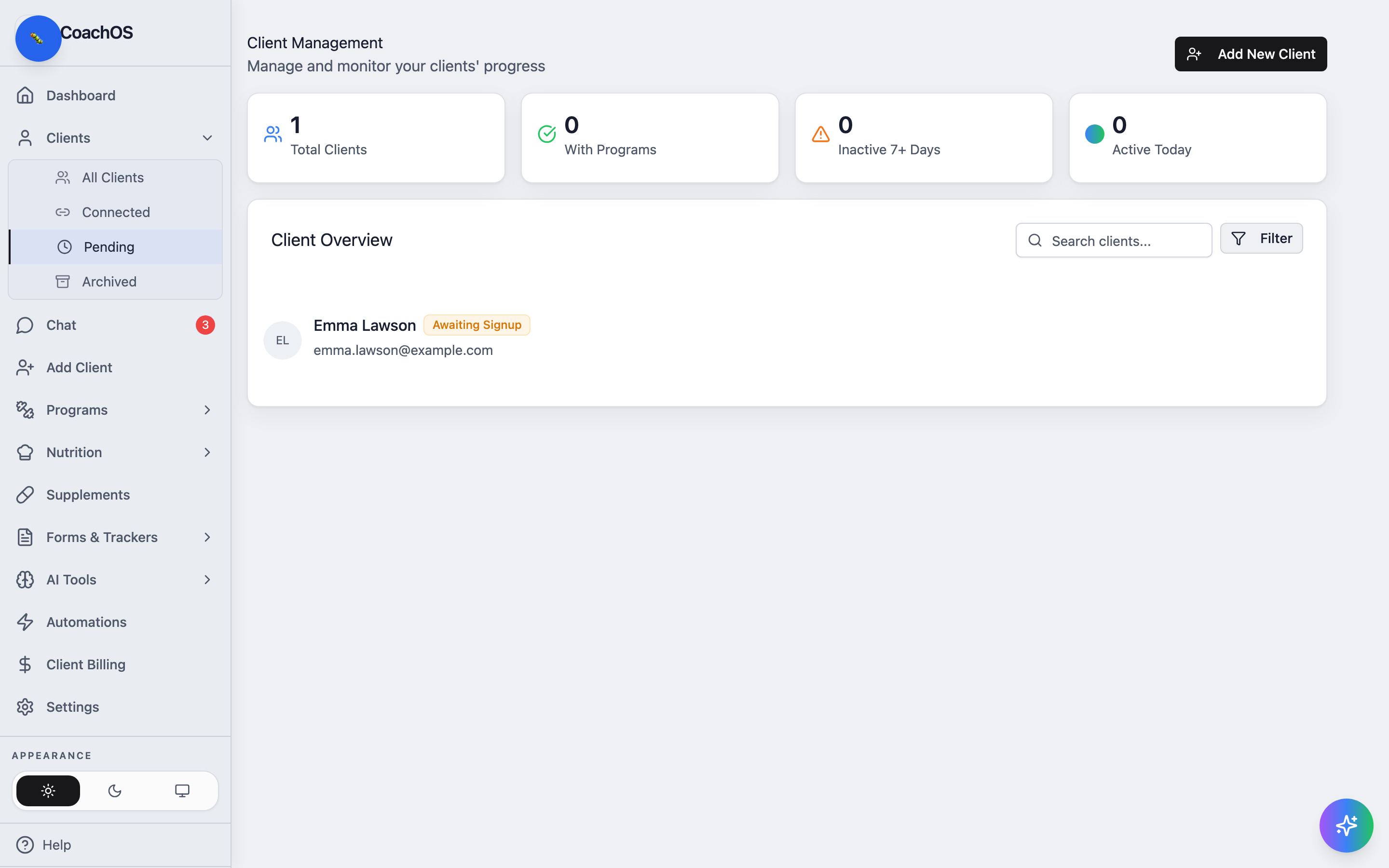 The Pending list showing an invited client with an Awaiting Signup badge