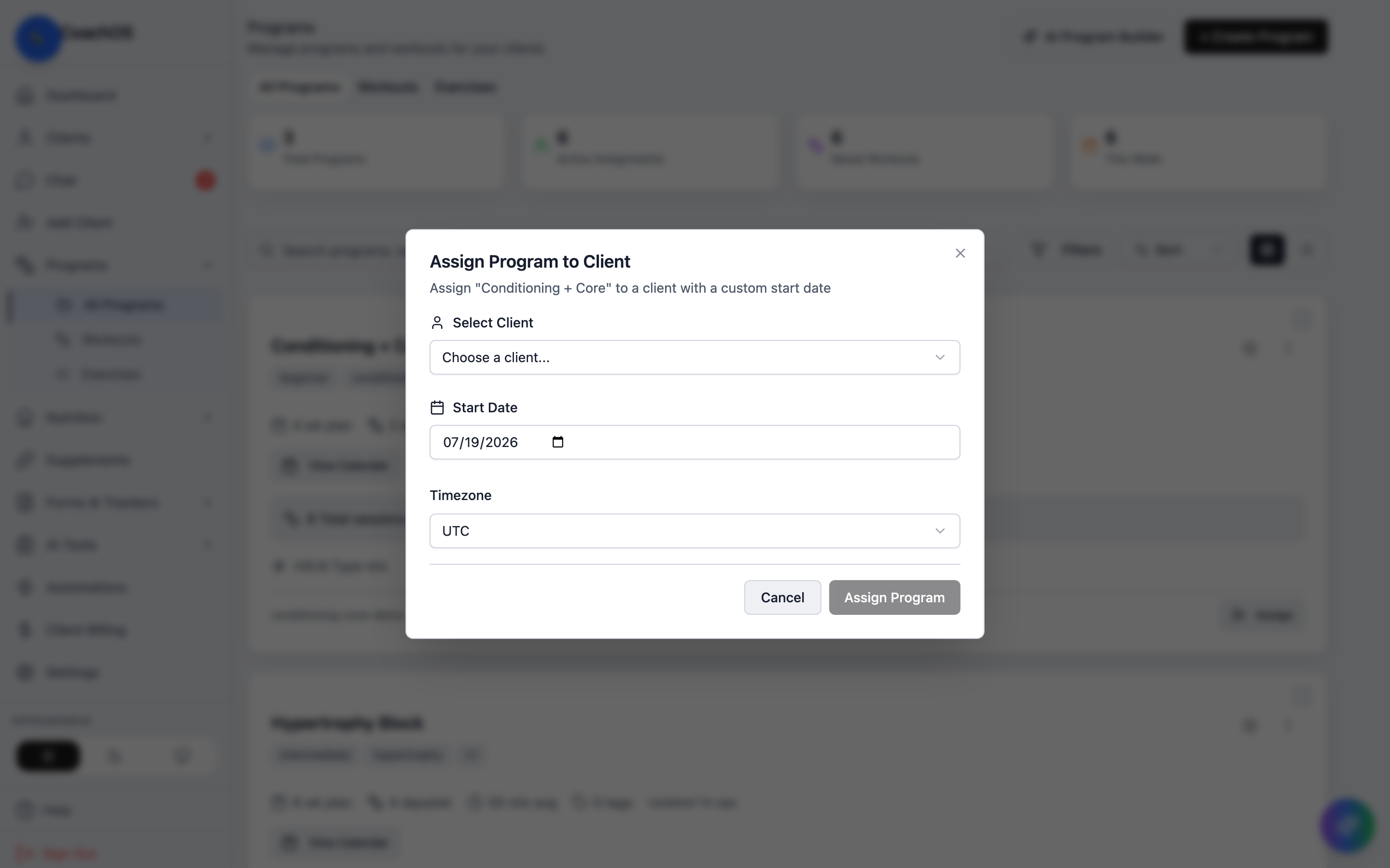 The assign program dialog with client, start date, and timezone