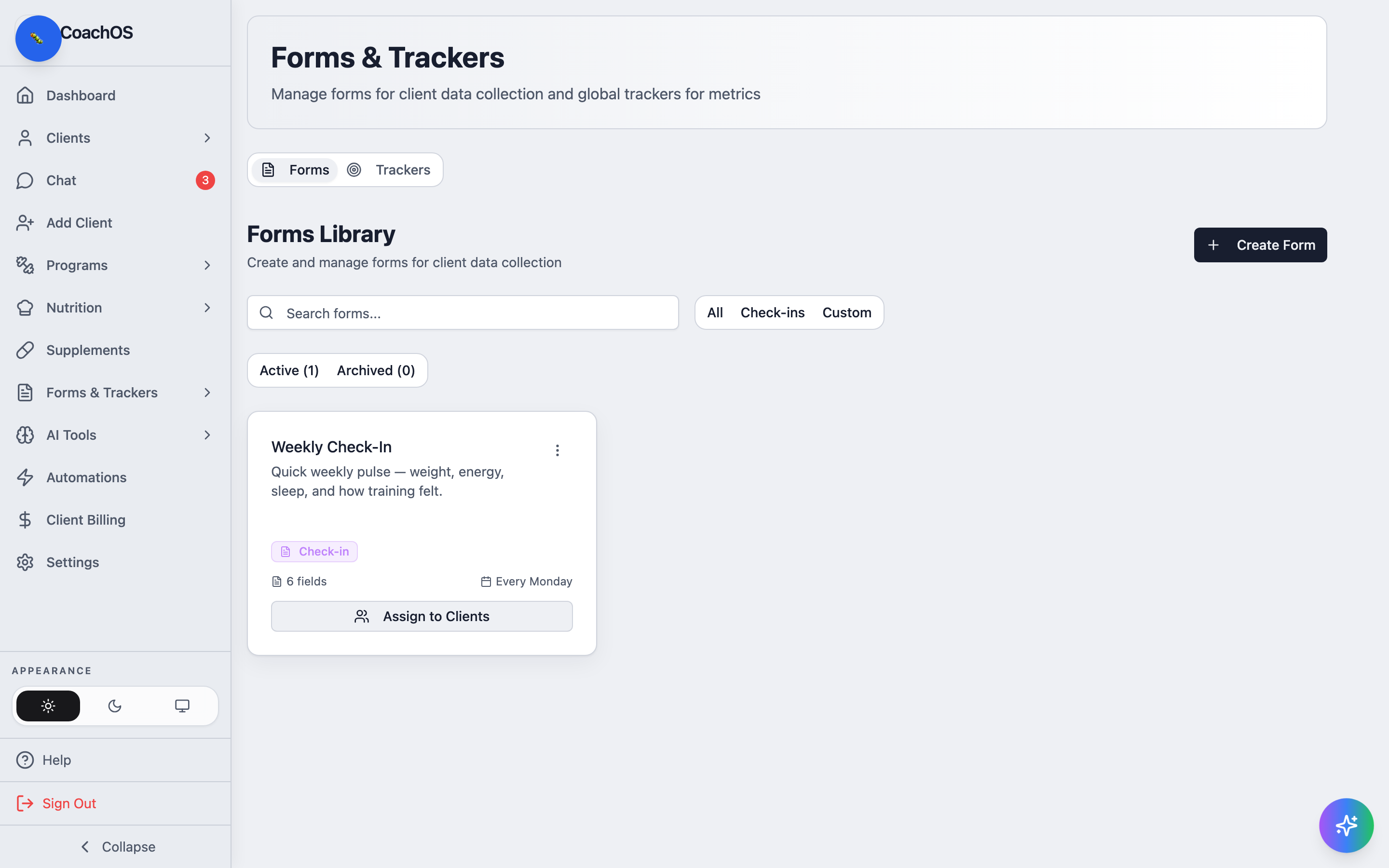 The forms library with a weekly check-in form