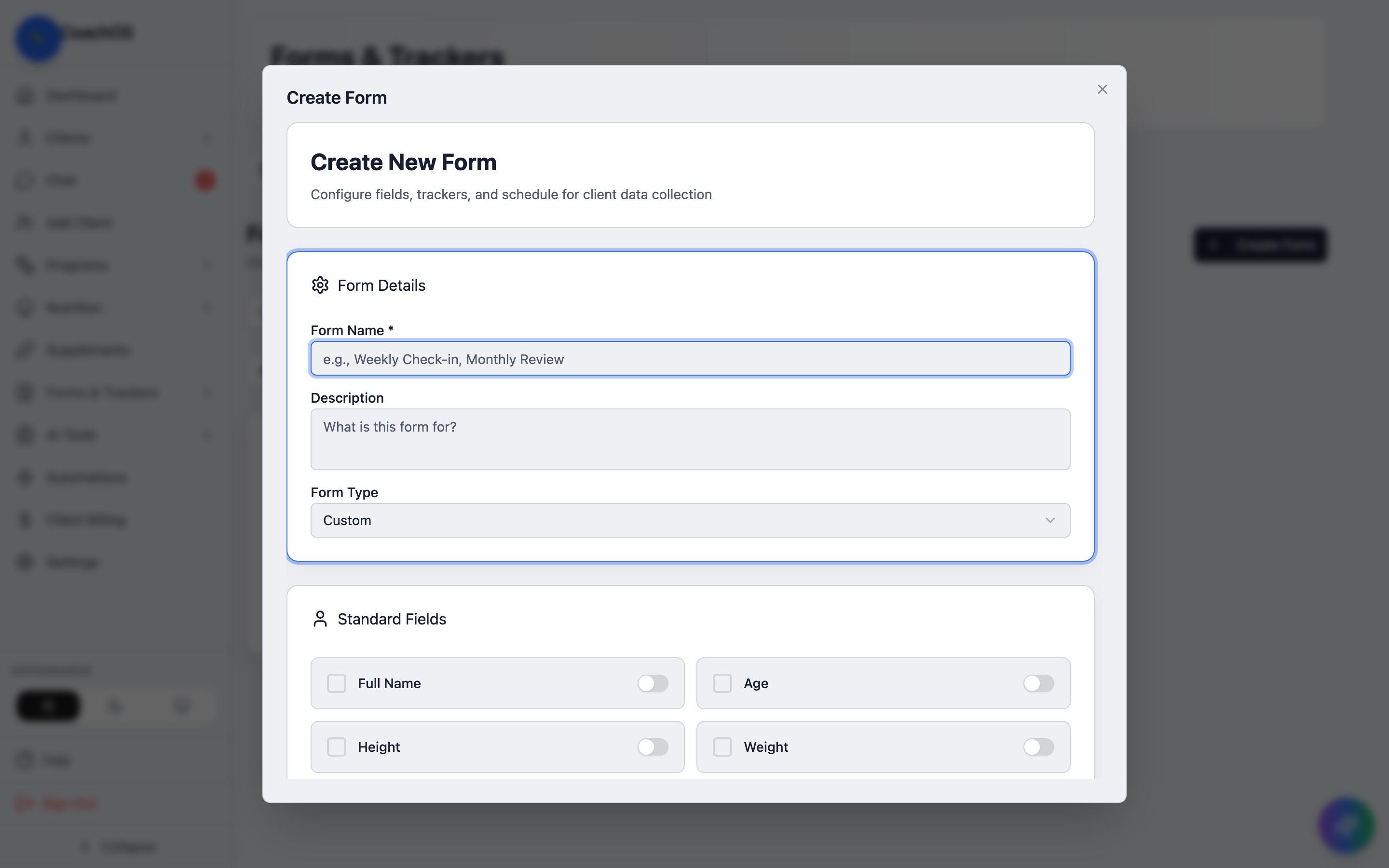 The create form dialog with form details and standard fields
