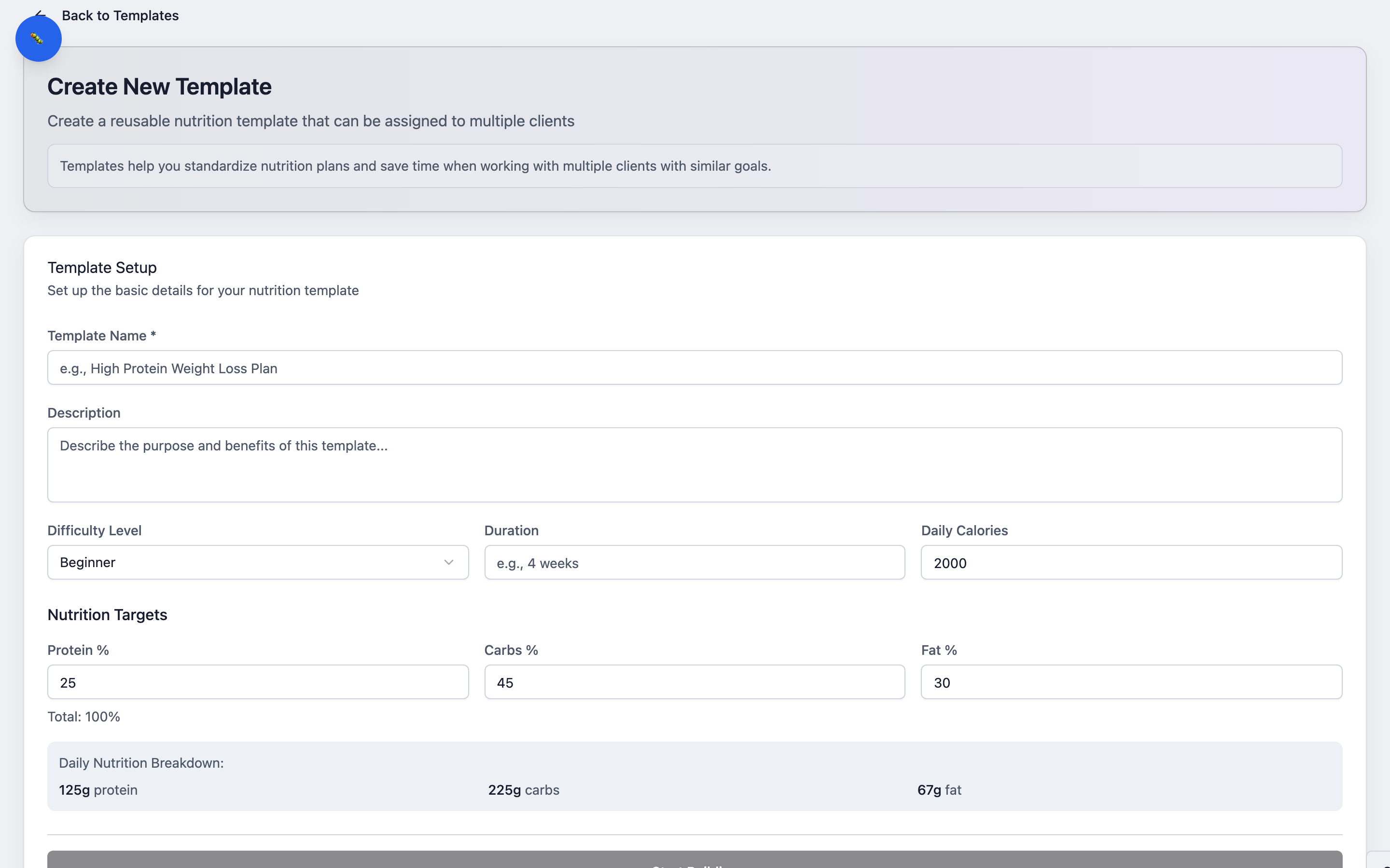 The template setup with calorie and macro targets