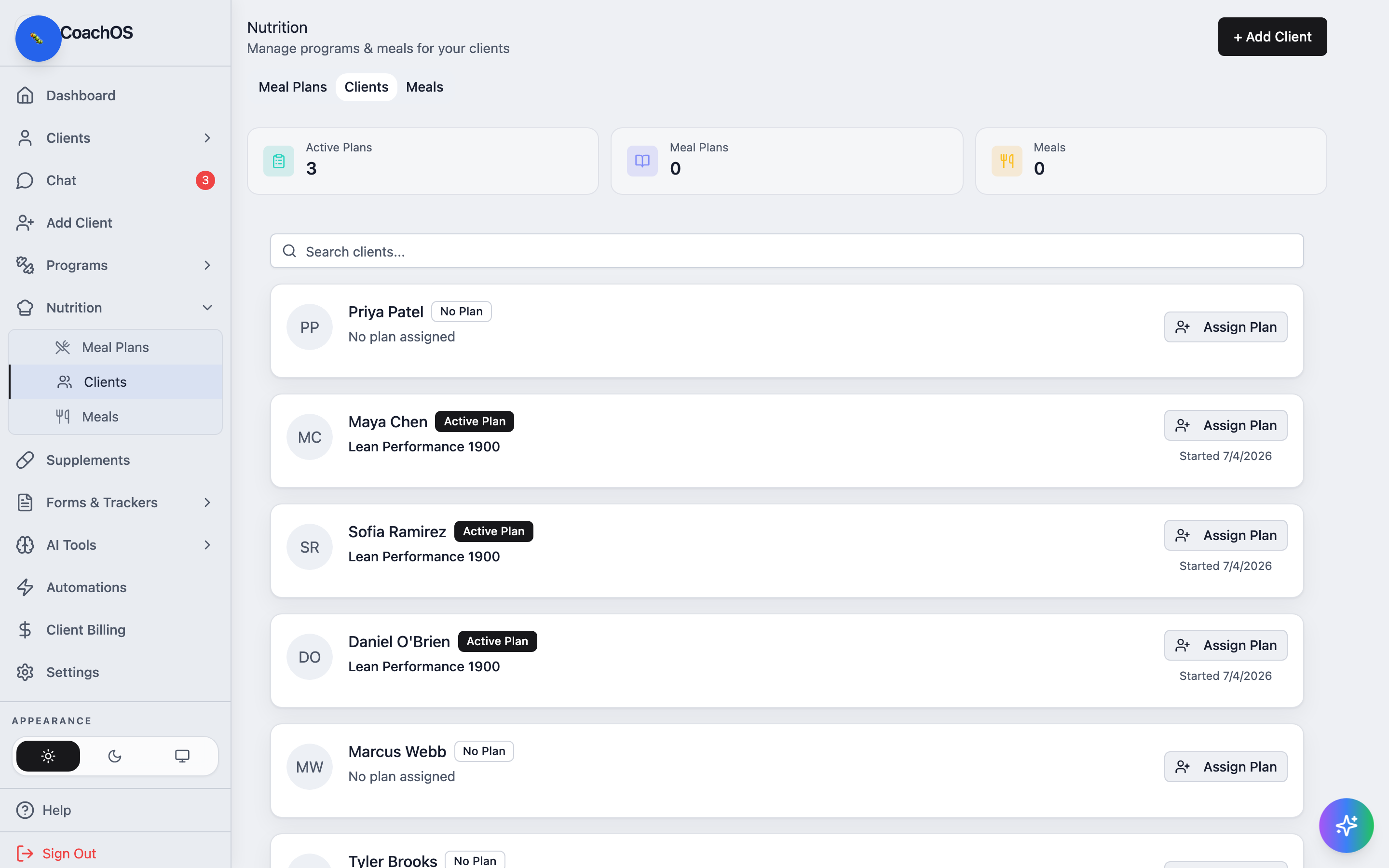The nutrition clients tab with assign plan buttons