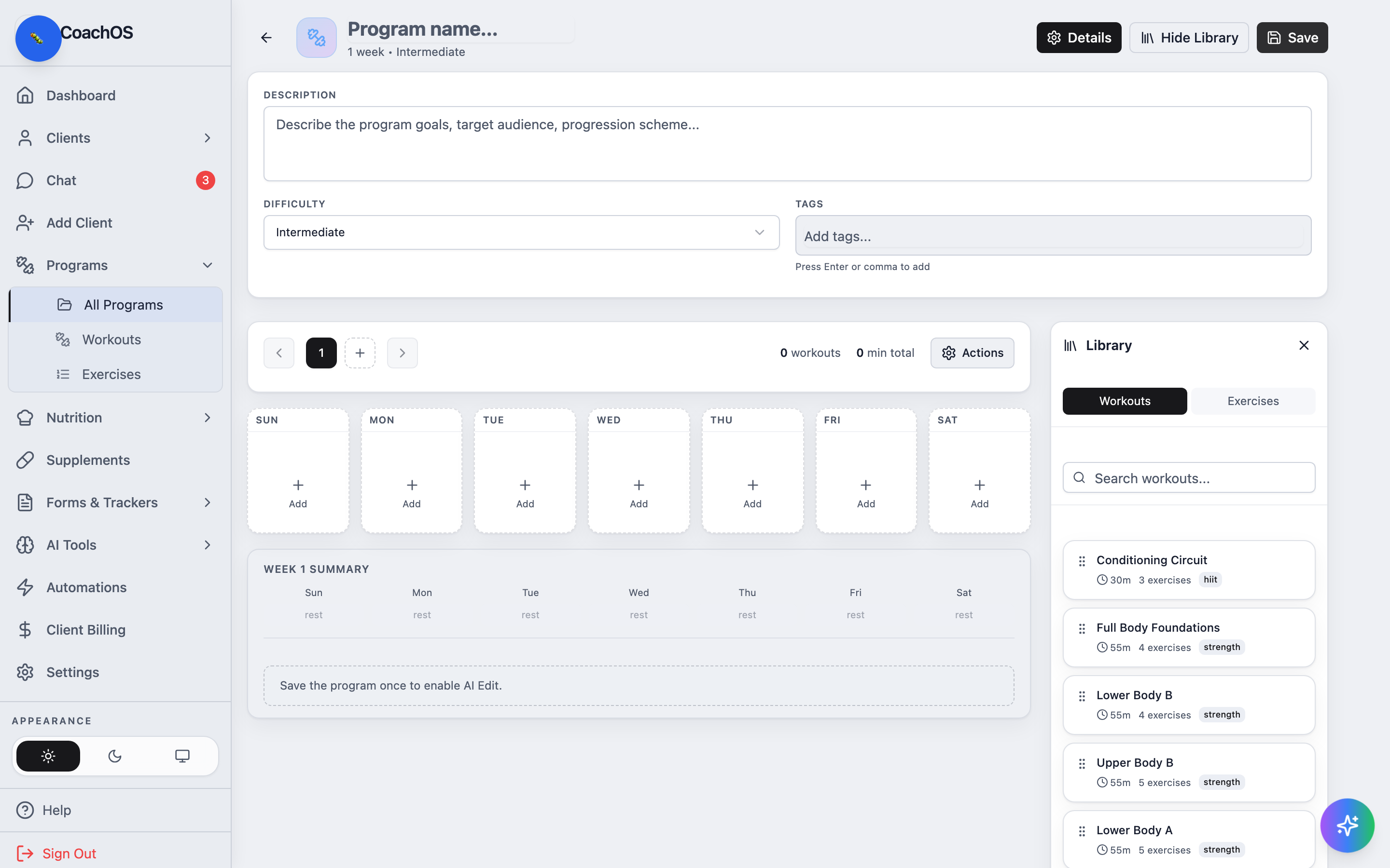 The program builder with the weekly grid and workout library