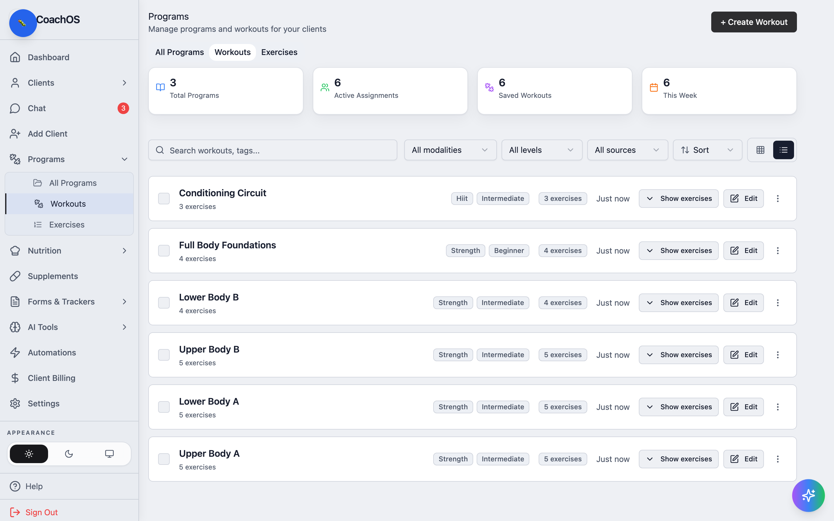 The workouts library with saved workouts