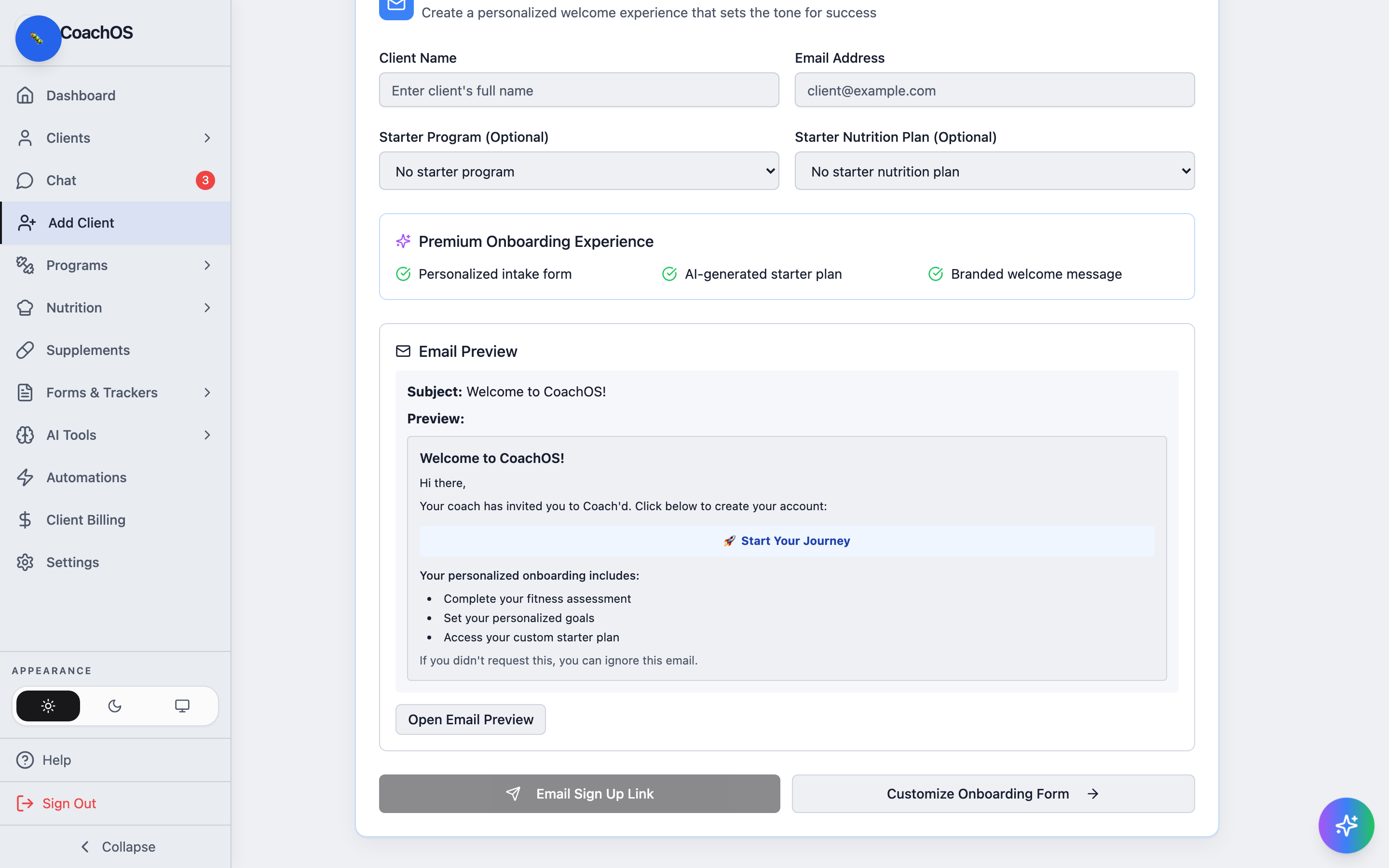 The Add Client page with the customize onboarding form button