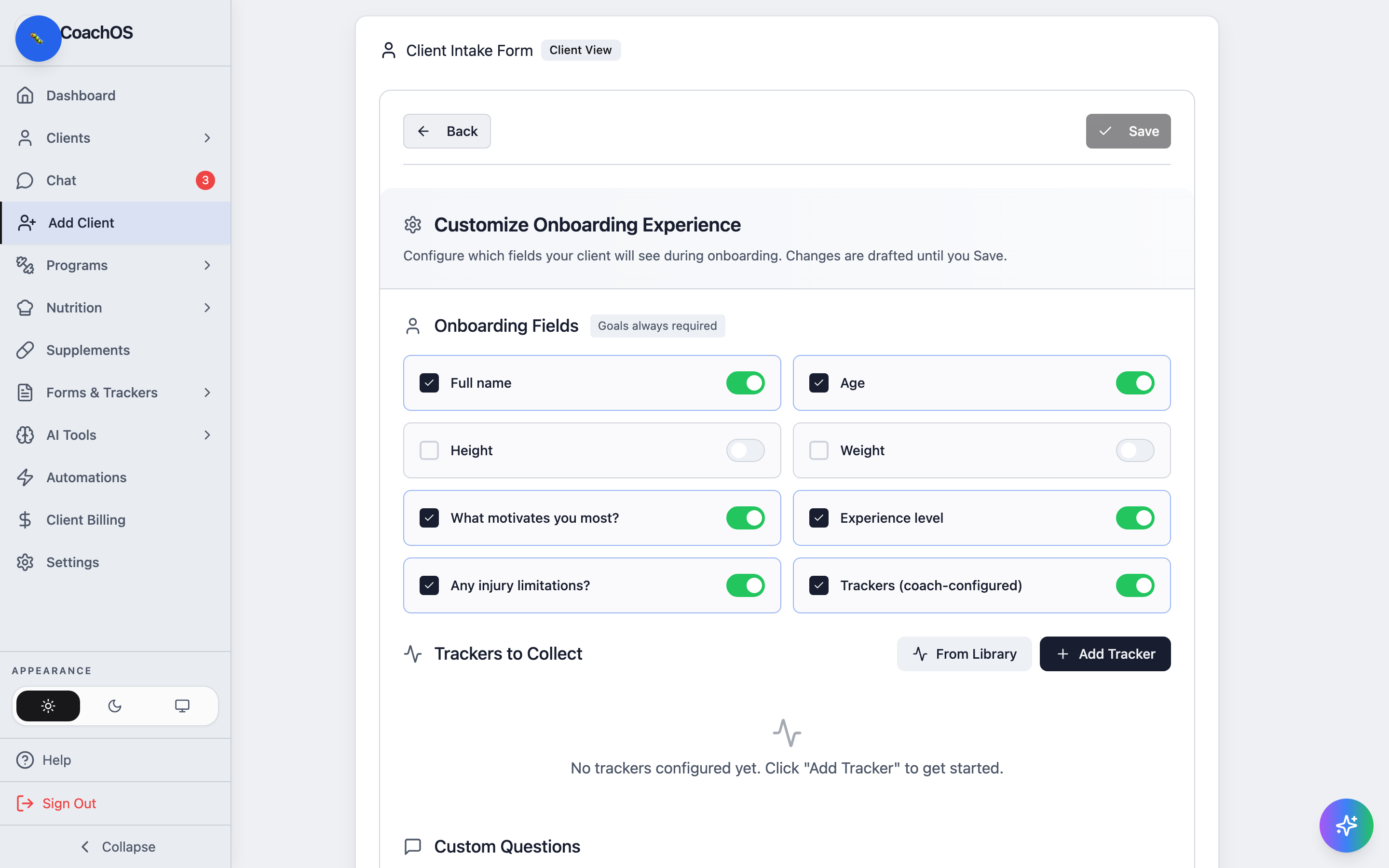 The intake form editor with standard field toggles
