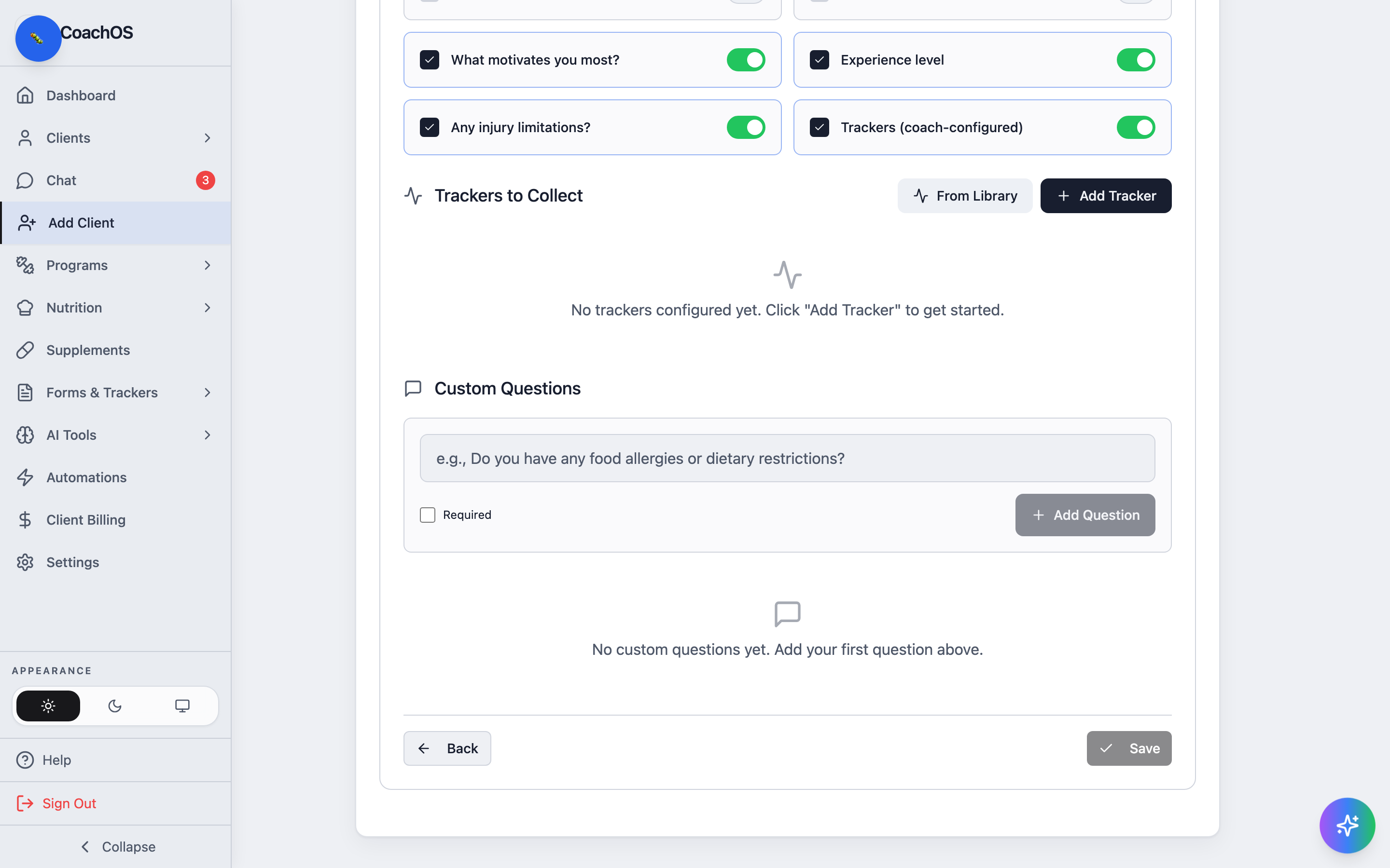 The custom questions and default trackers section of the intake editor
