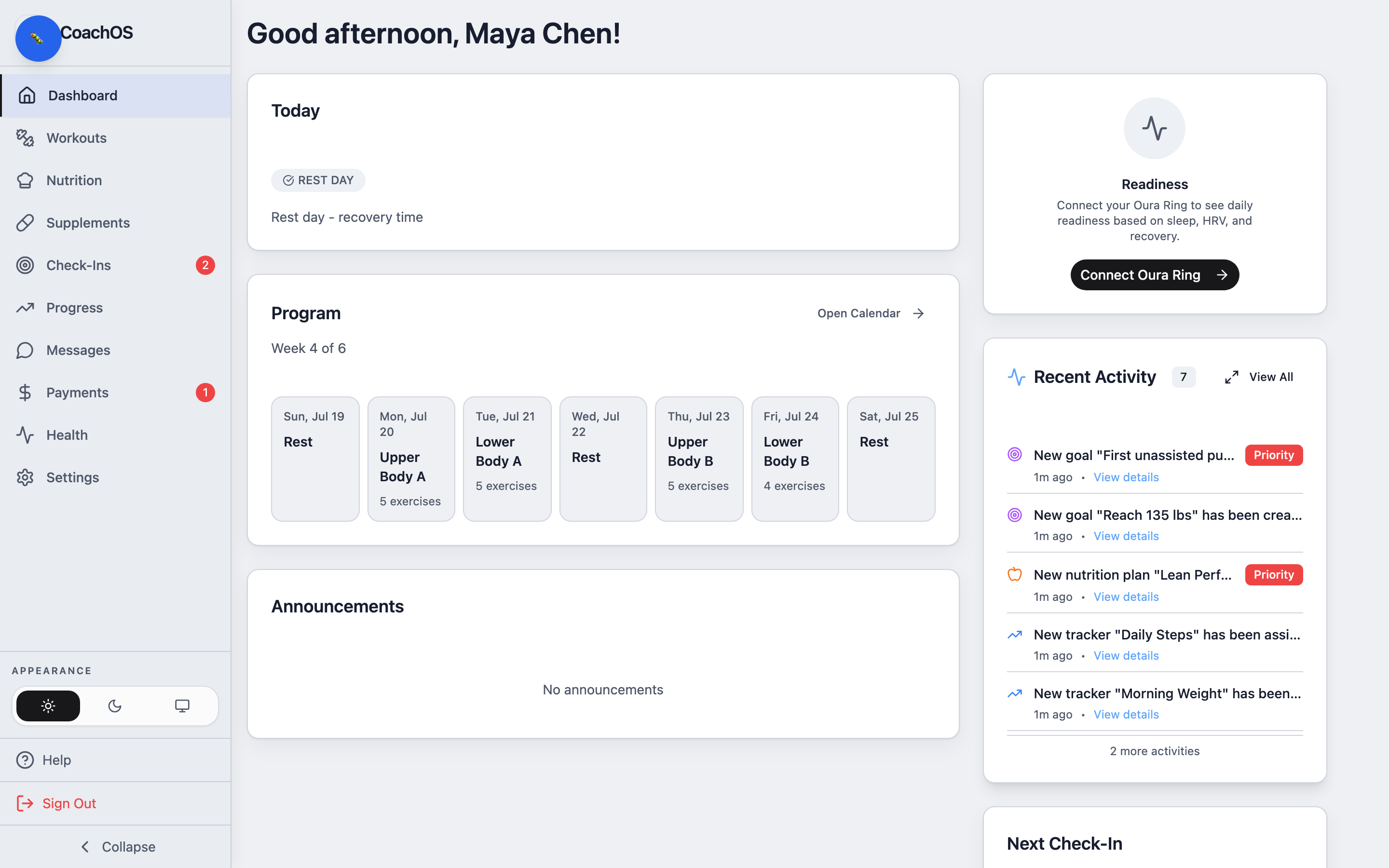 The client dashboard with today's workout and program