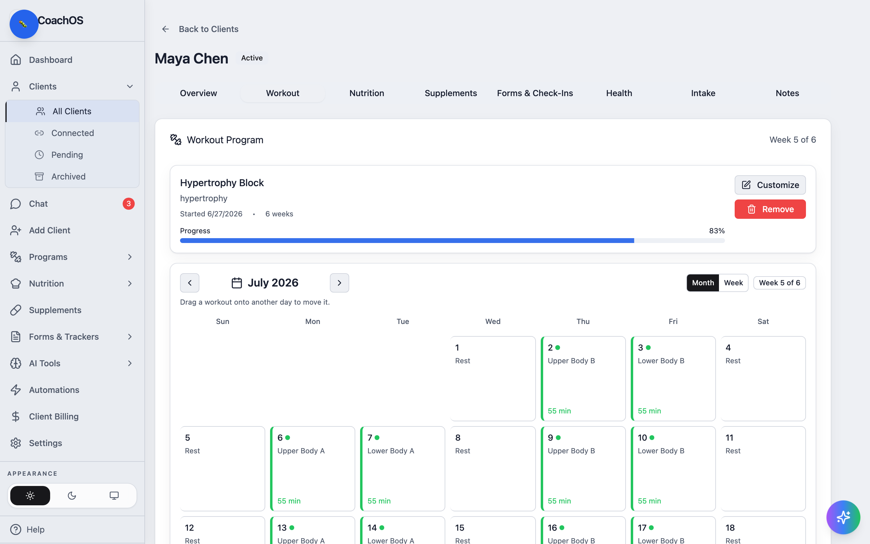 A client's workout calendar