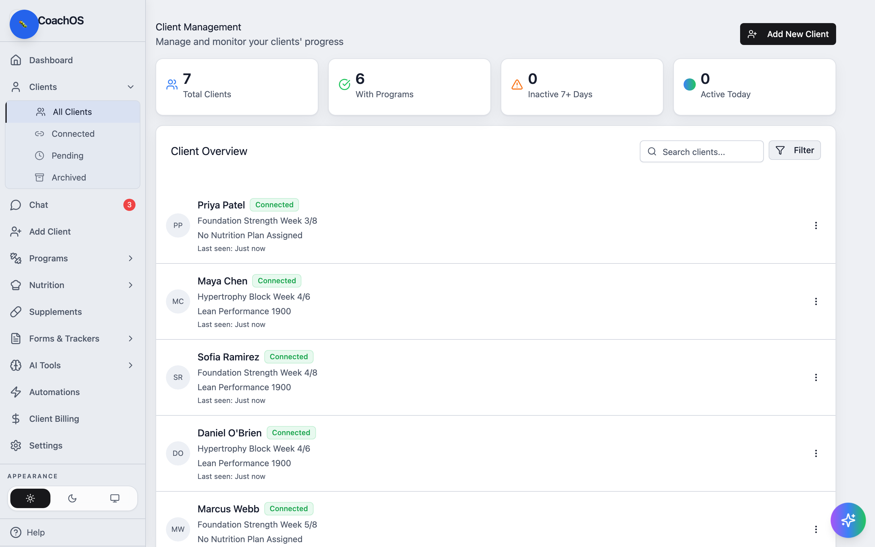 The client management page with roster stats and the client list