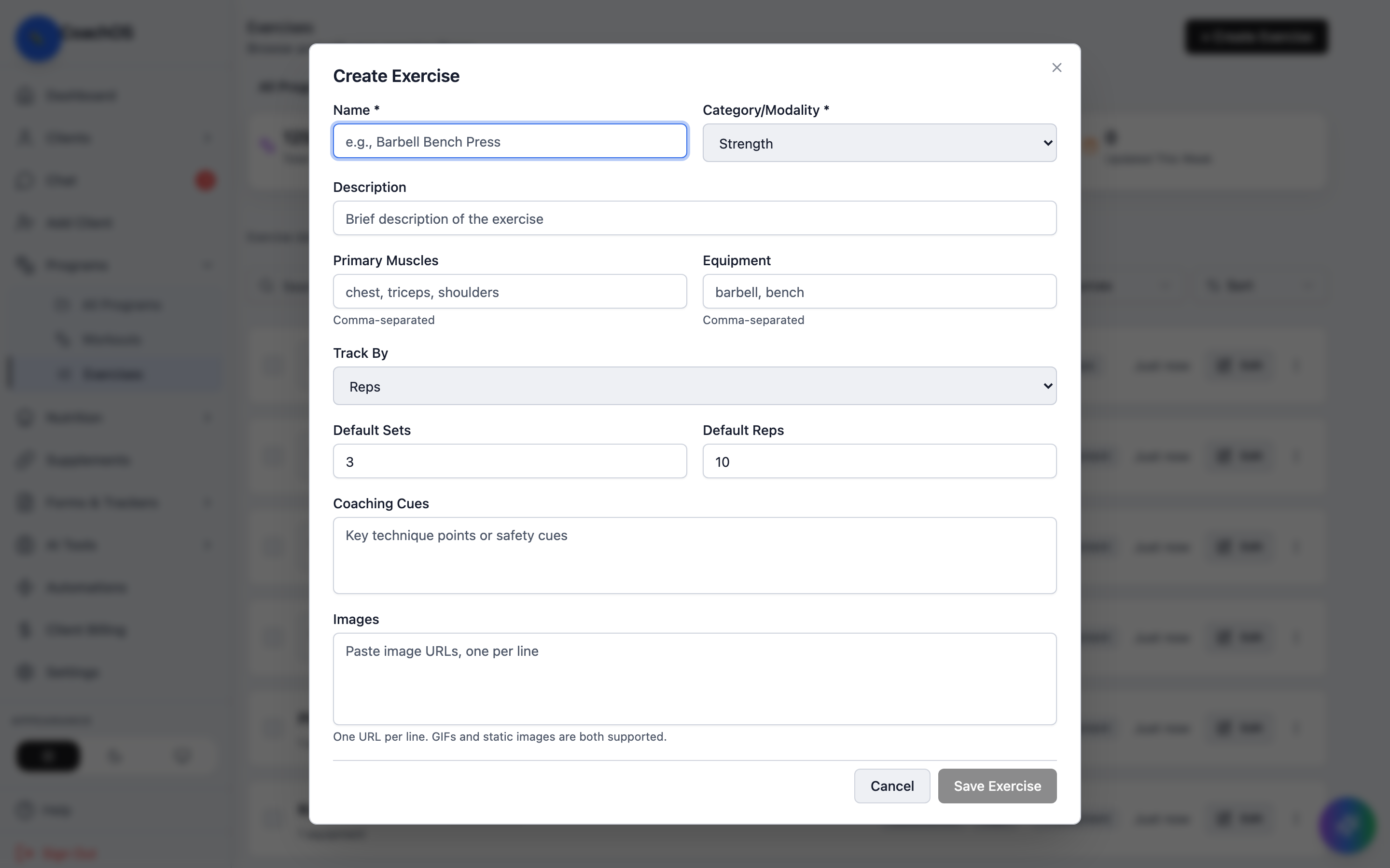 The create exercise dialog