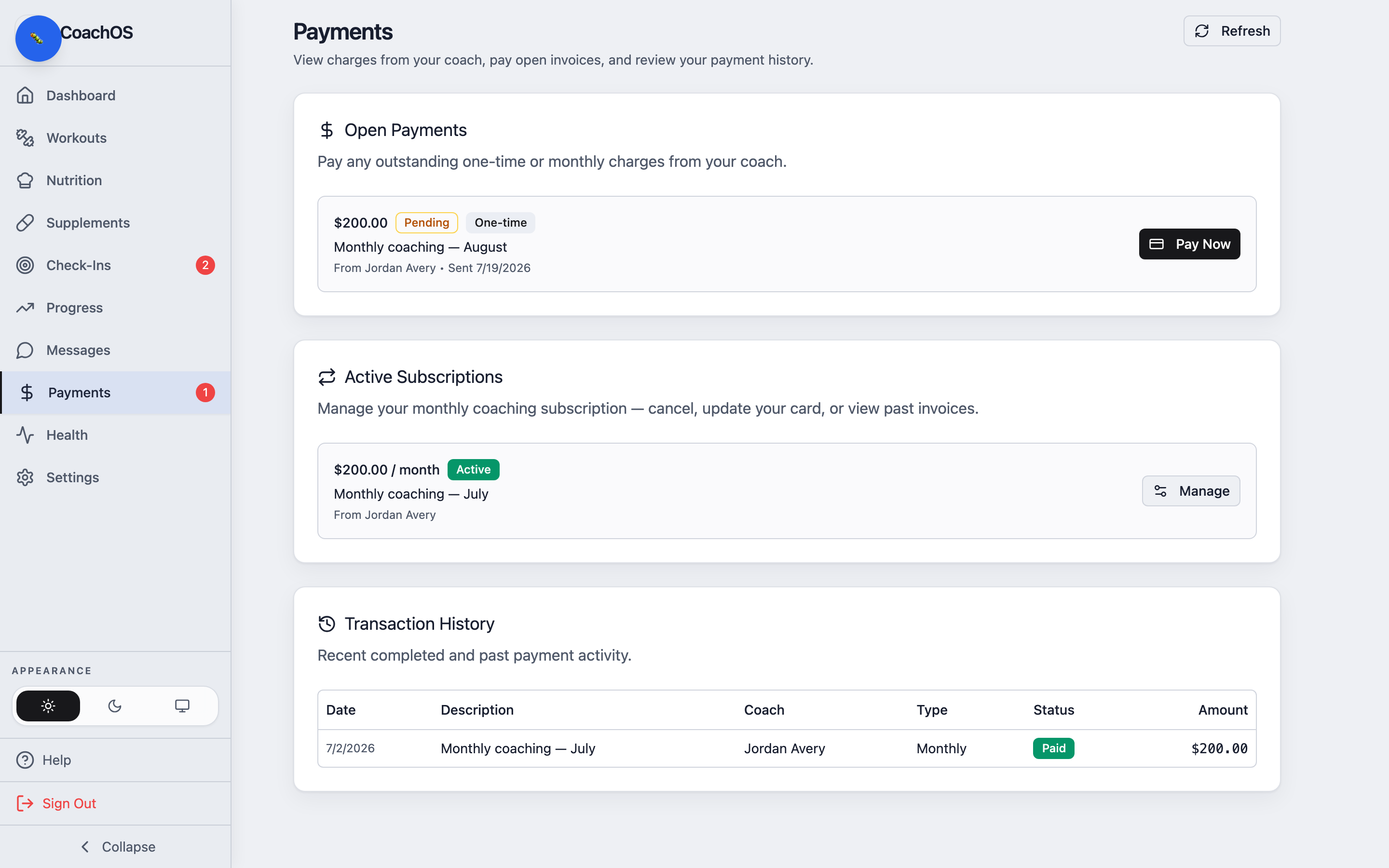 The transaction history section