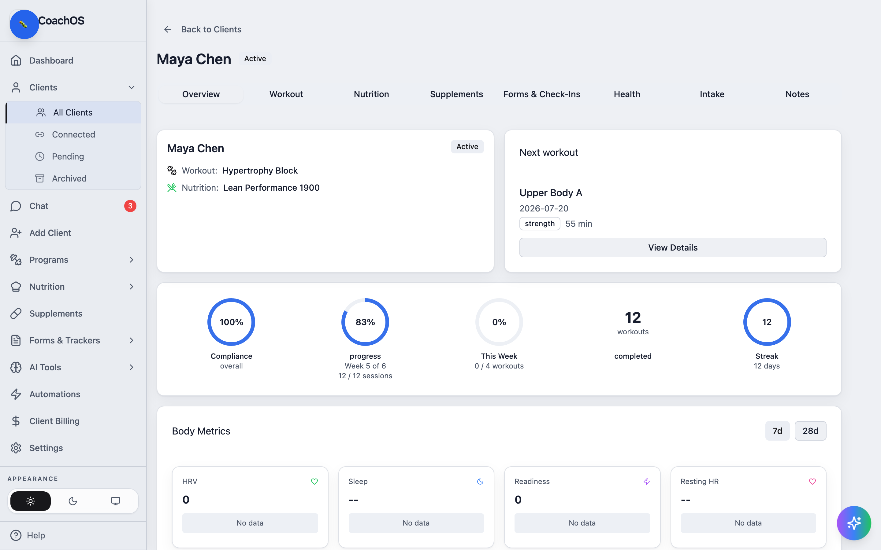 A client profile overview with compliance rings and next workout