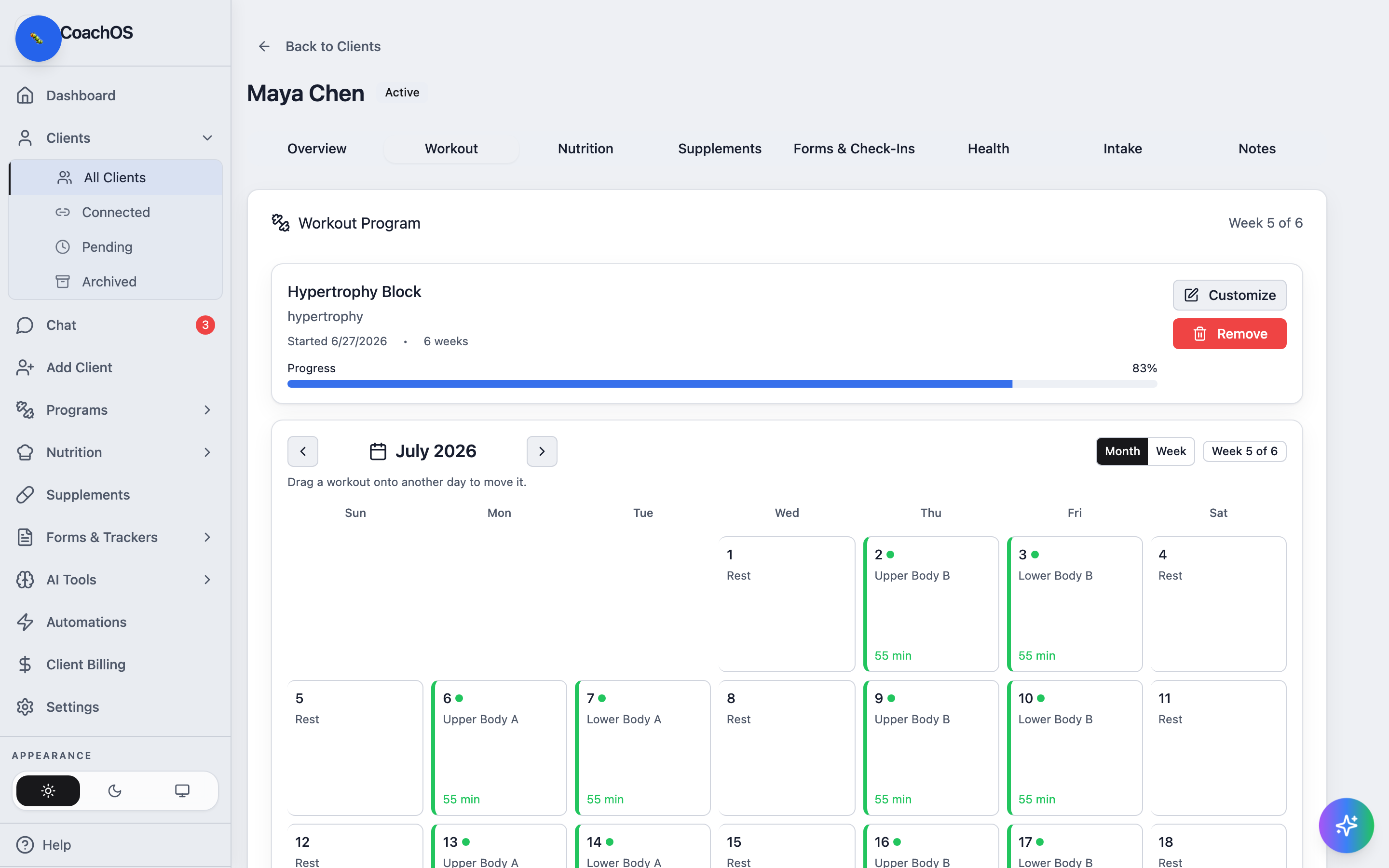The workout tab with the program calendar and completed sessions