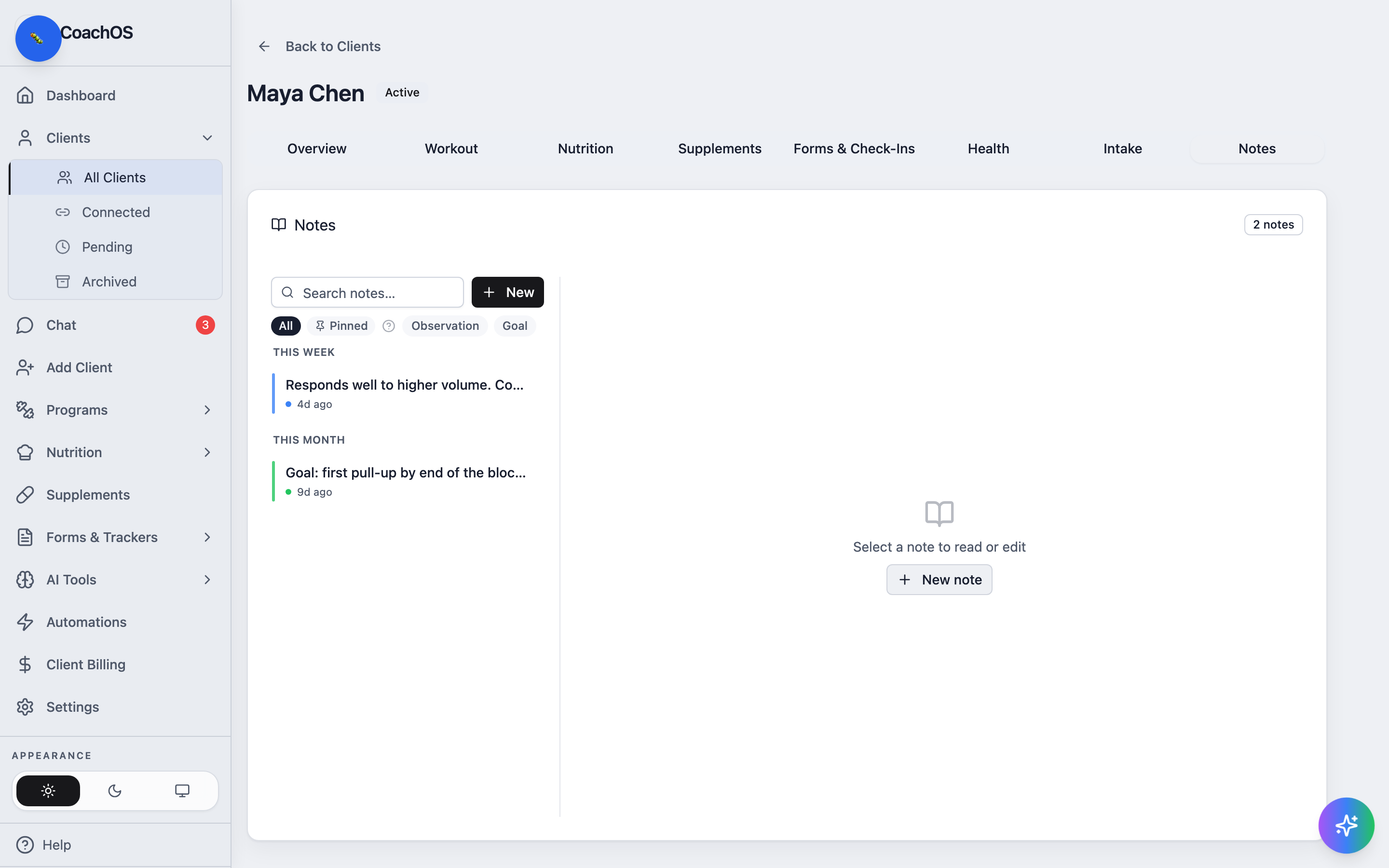 The notes tab with pinned and grouped coaching notes