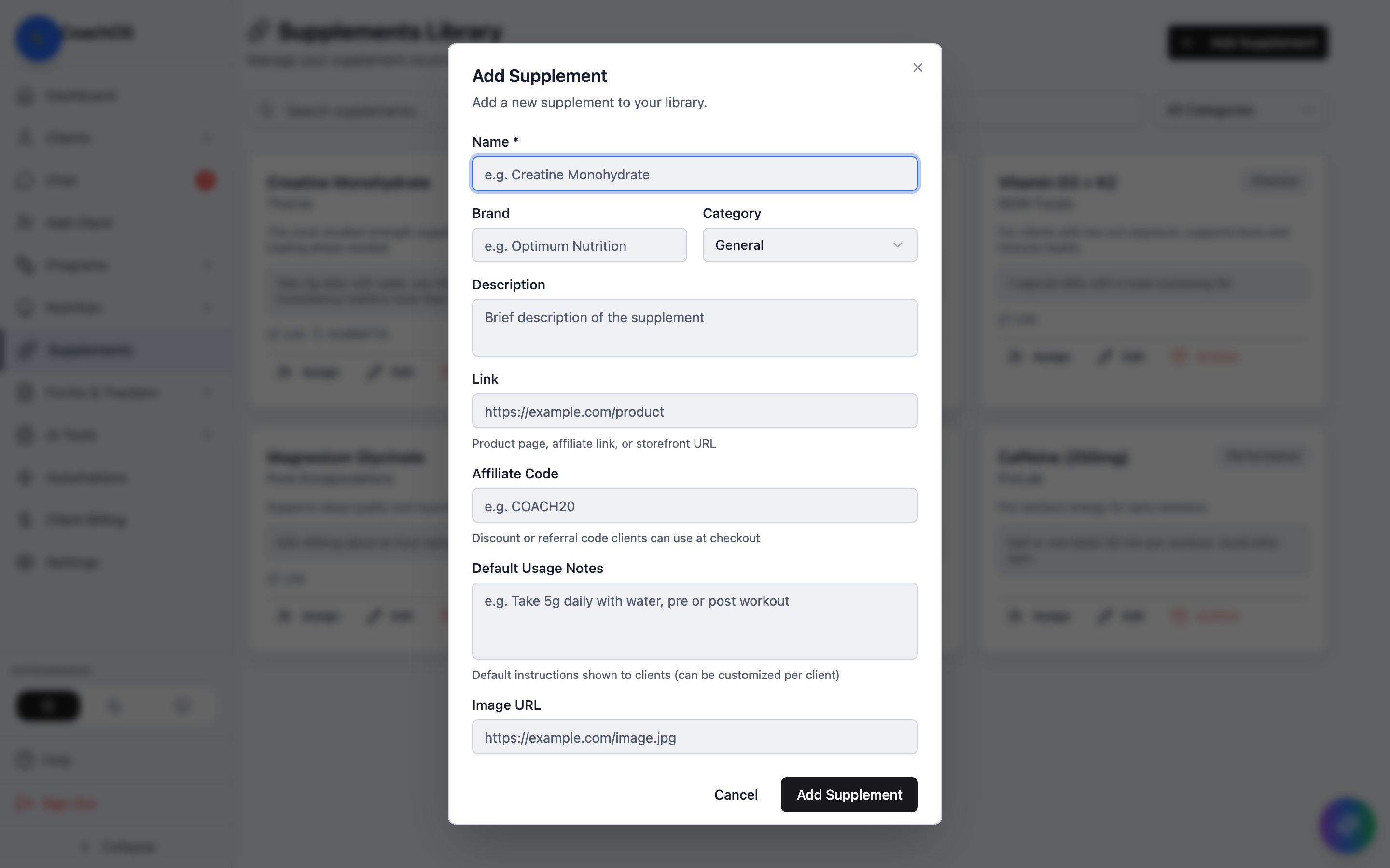 The add supplement dialog