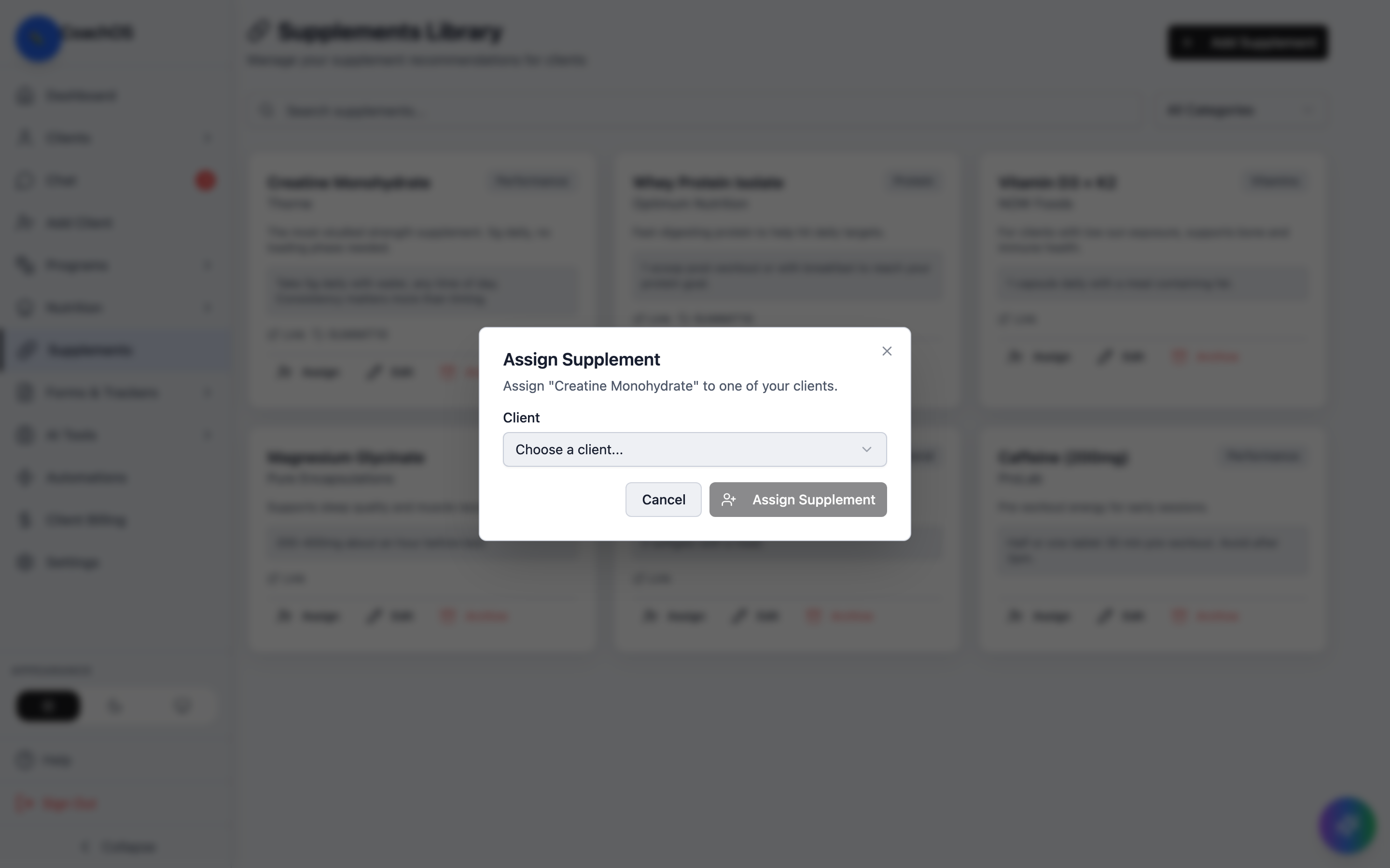 The assign supplement dialog with a client selector