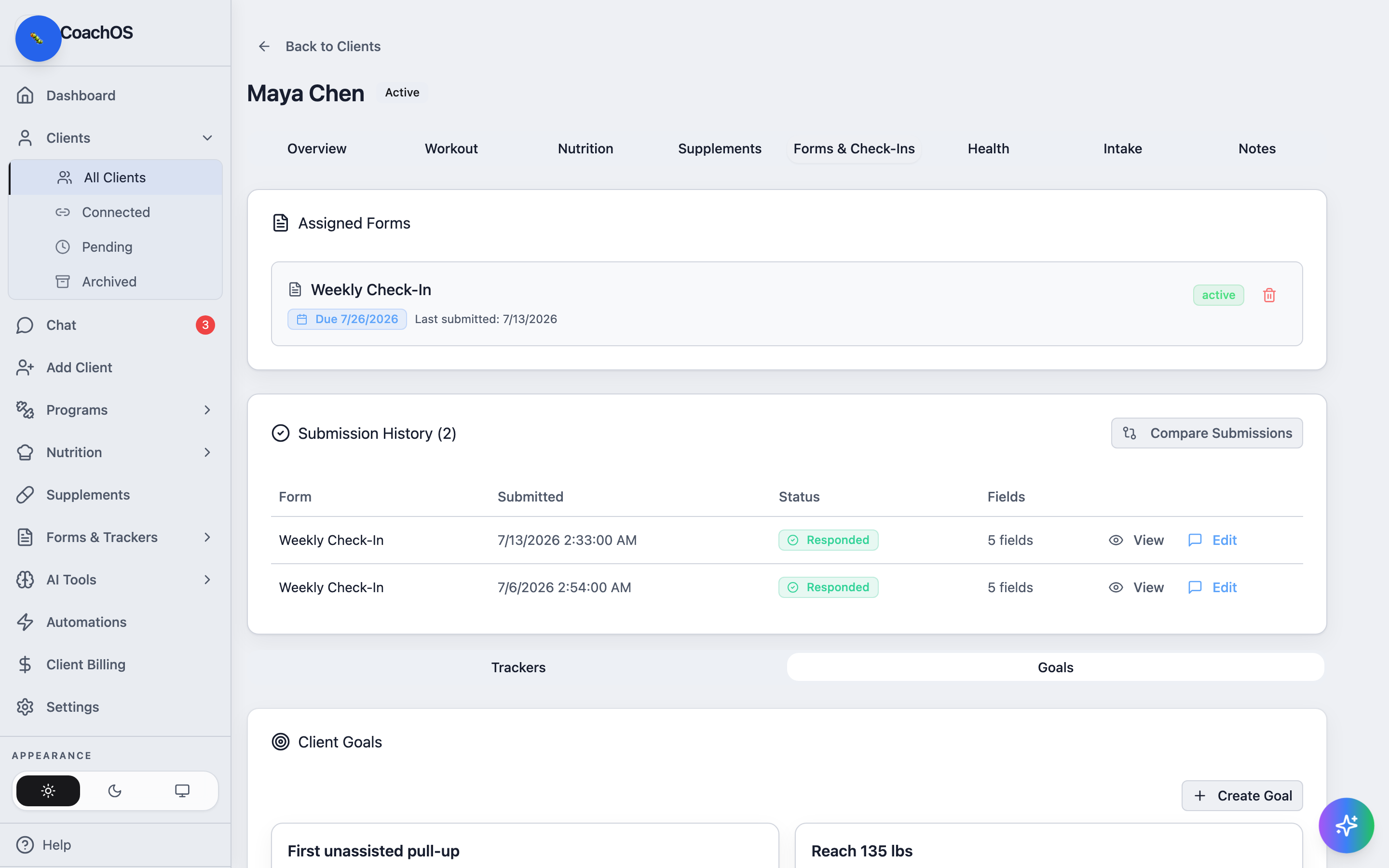 A client's goals list with progress bars
