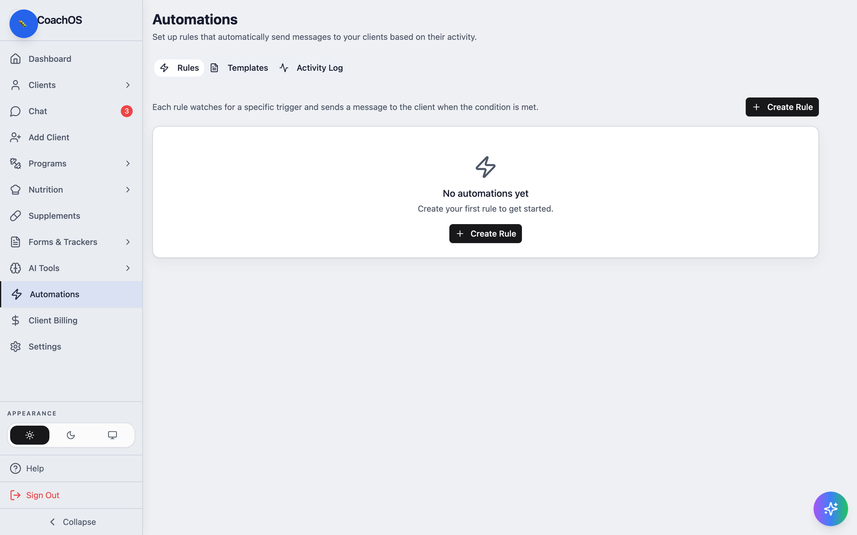 The automations page with the rules tab