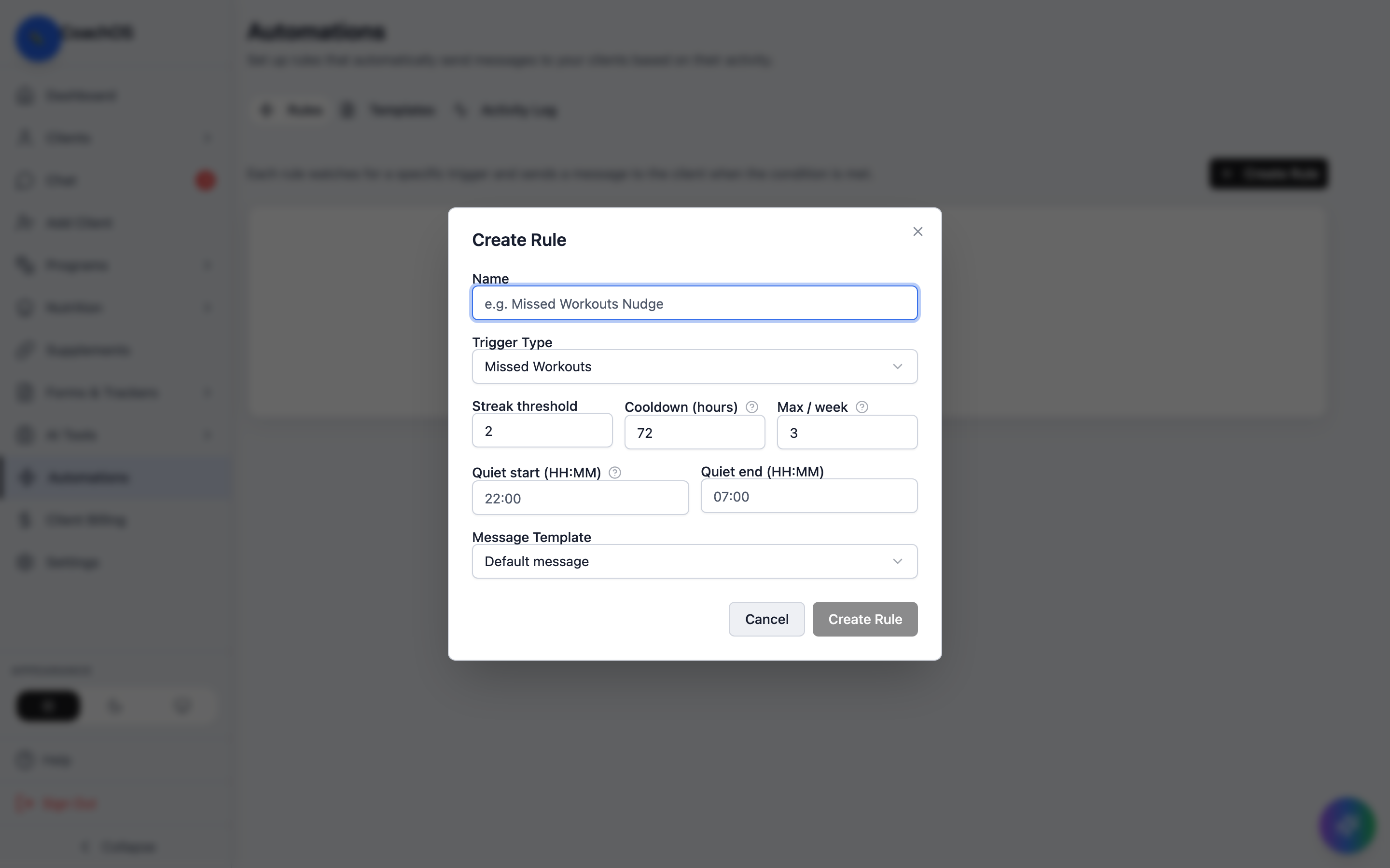The create rule dialog with trigger, limits, and quiet hours