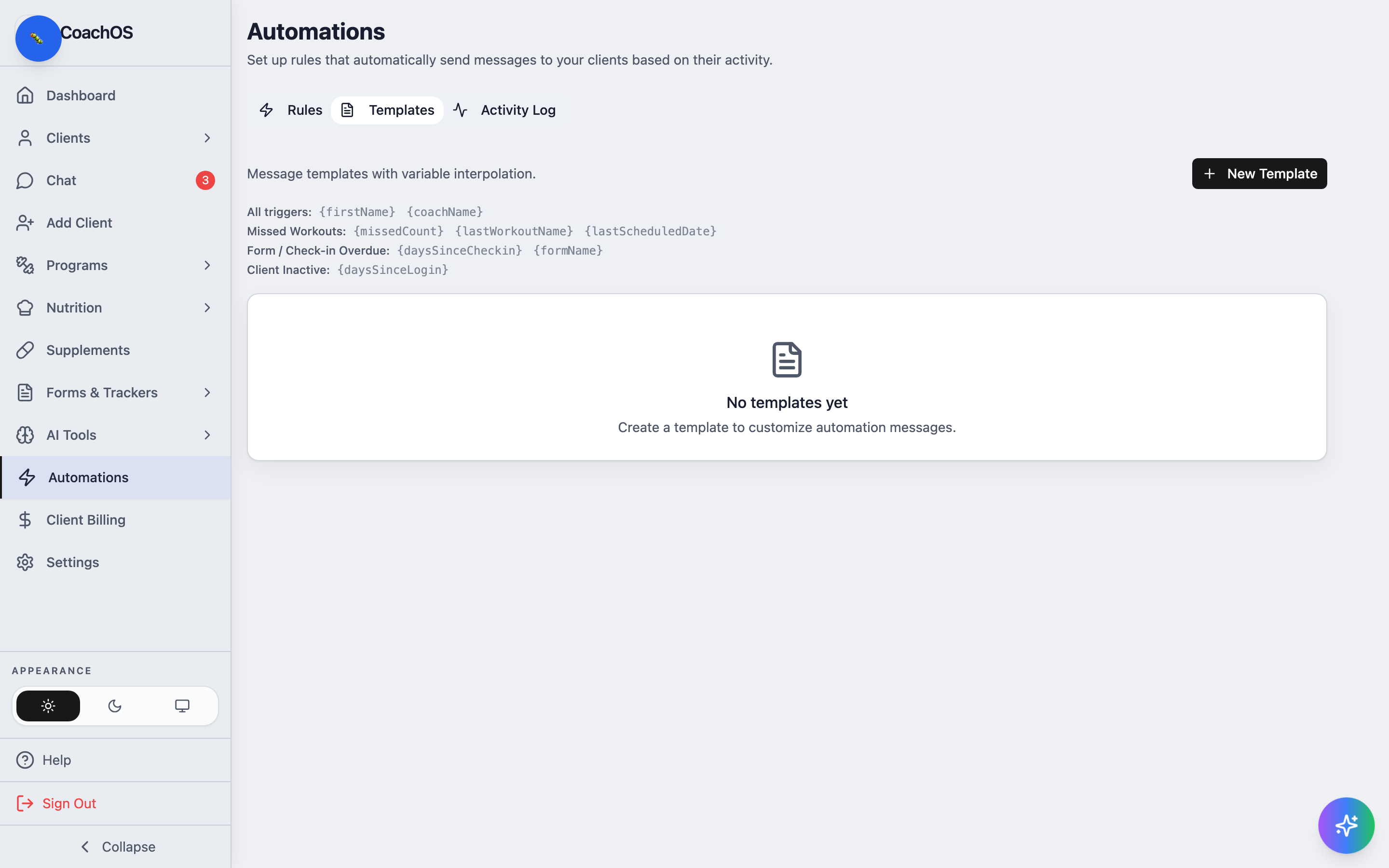 The templates tab with available message variables