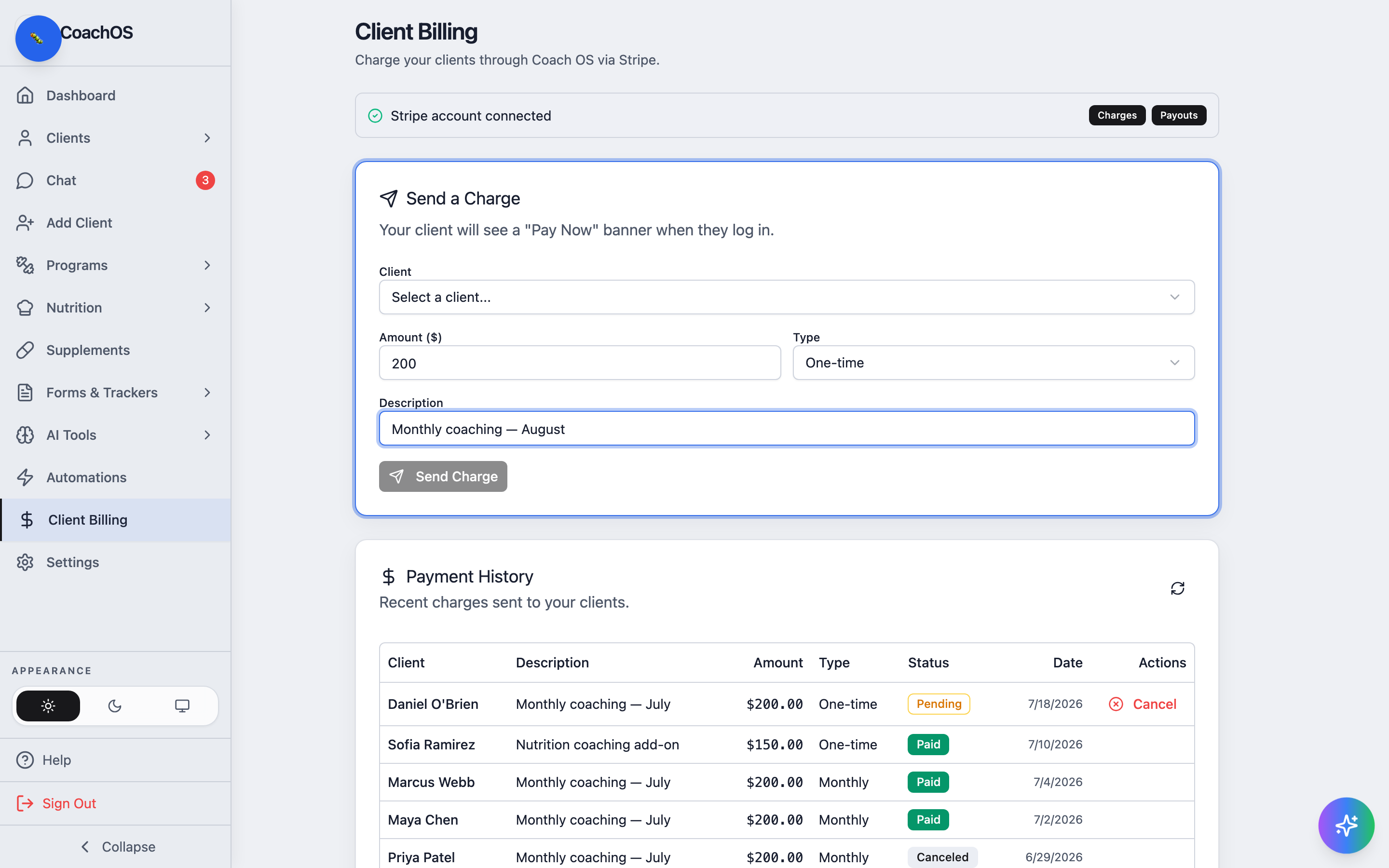 The client billing page with the send a charge form