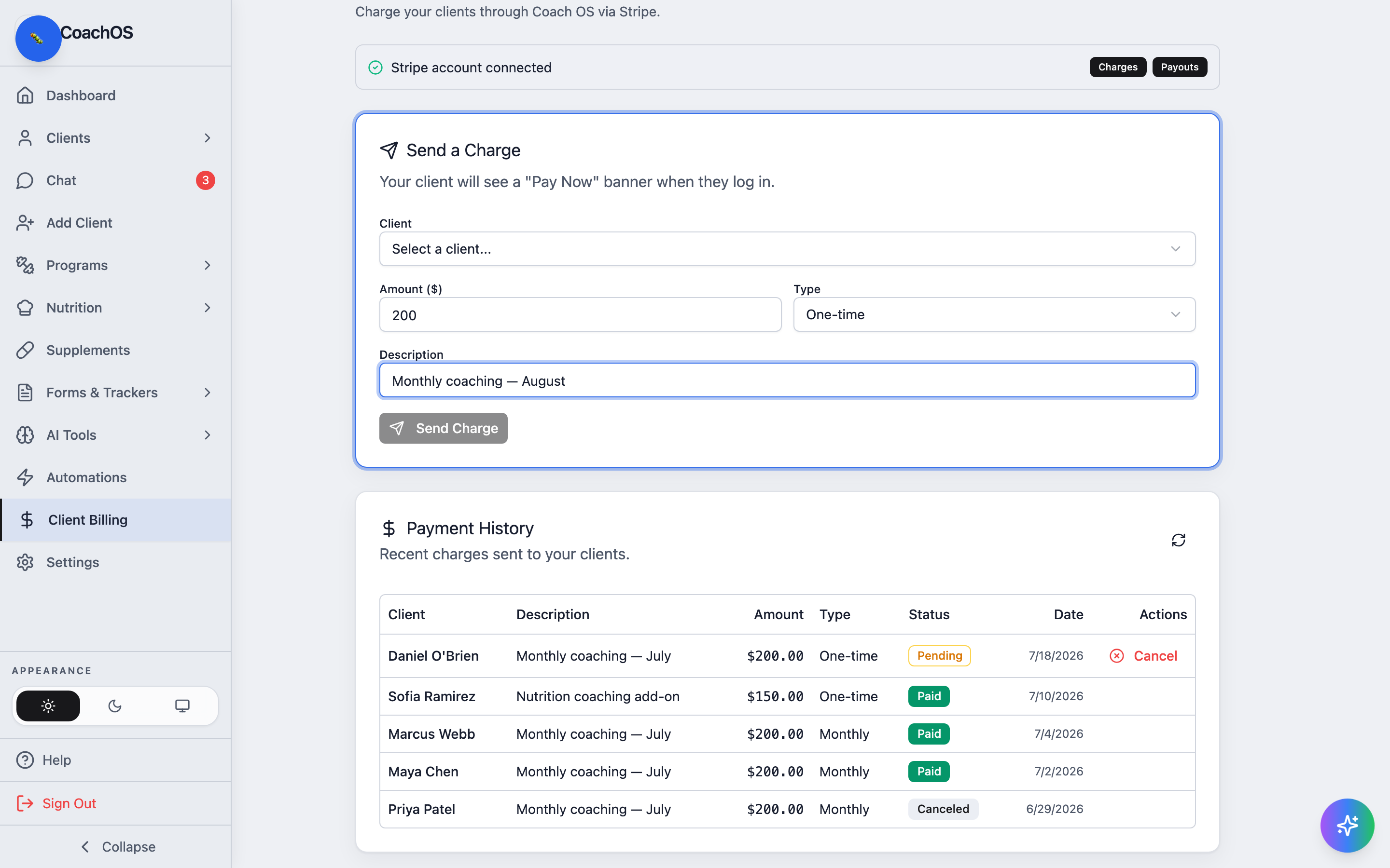 The payment history table with statuses