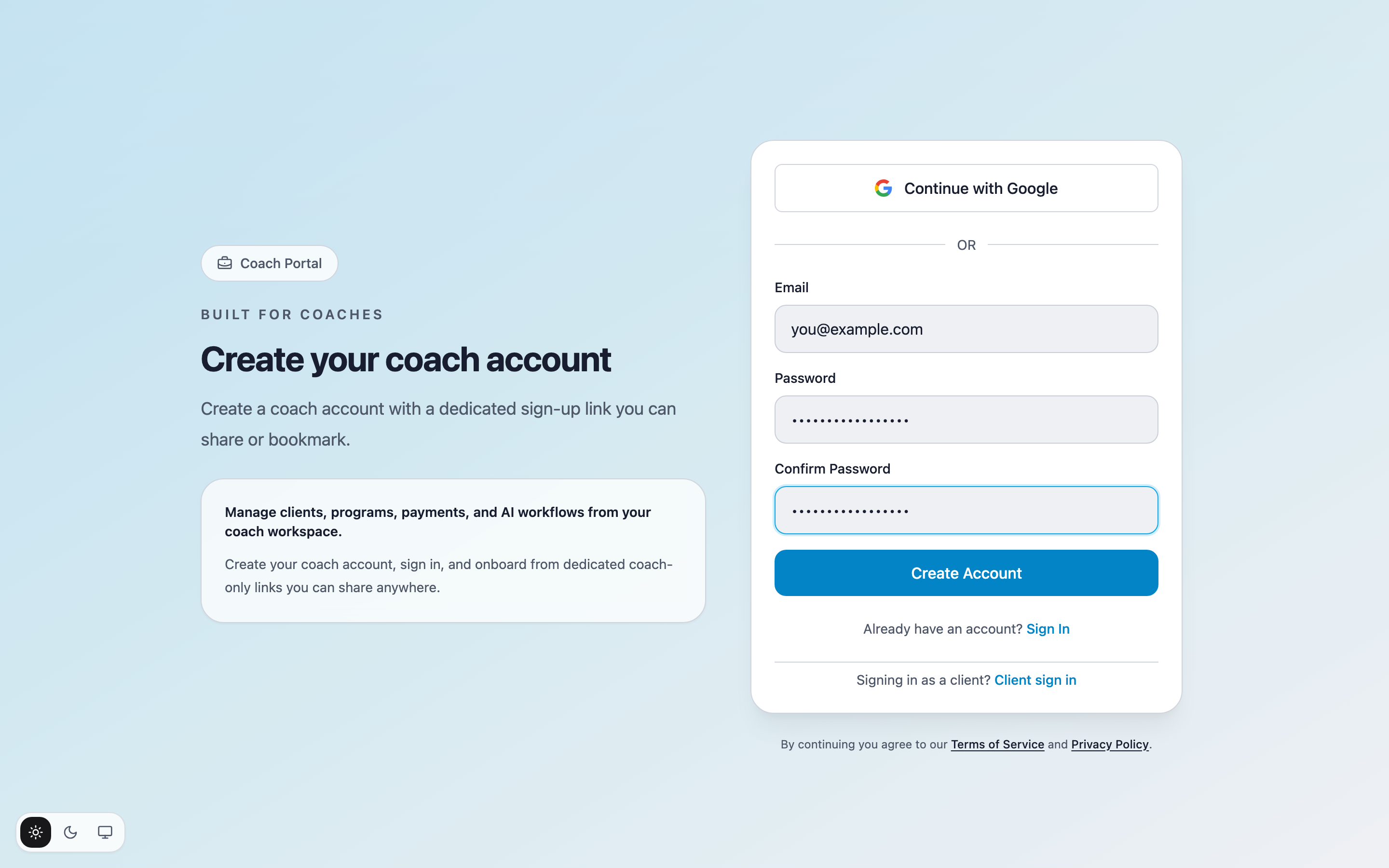 The sign-up form filled in, ready to submit