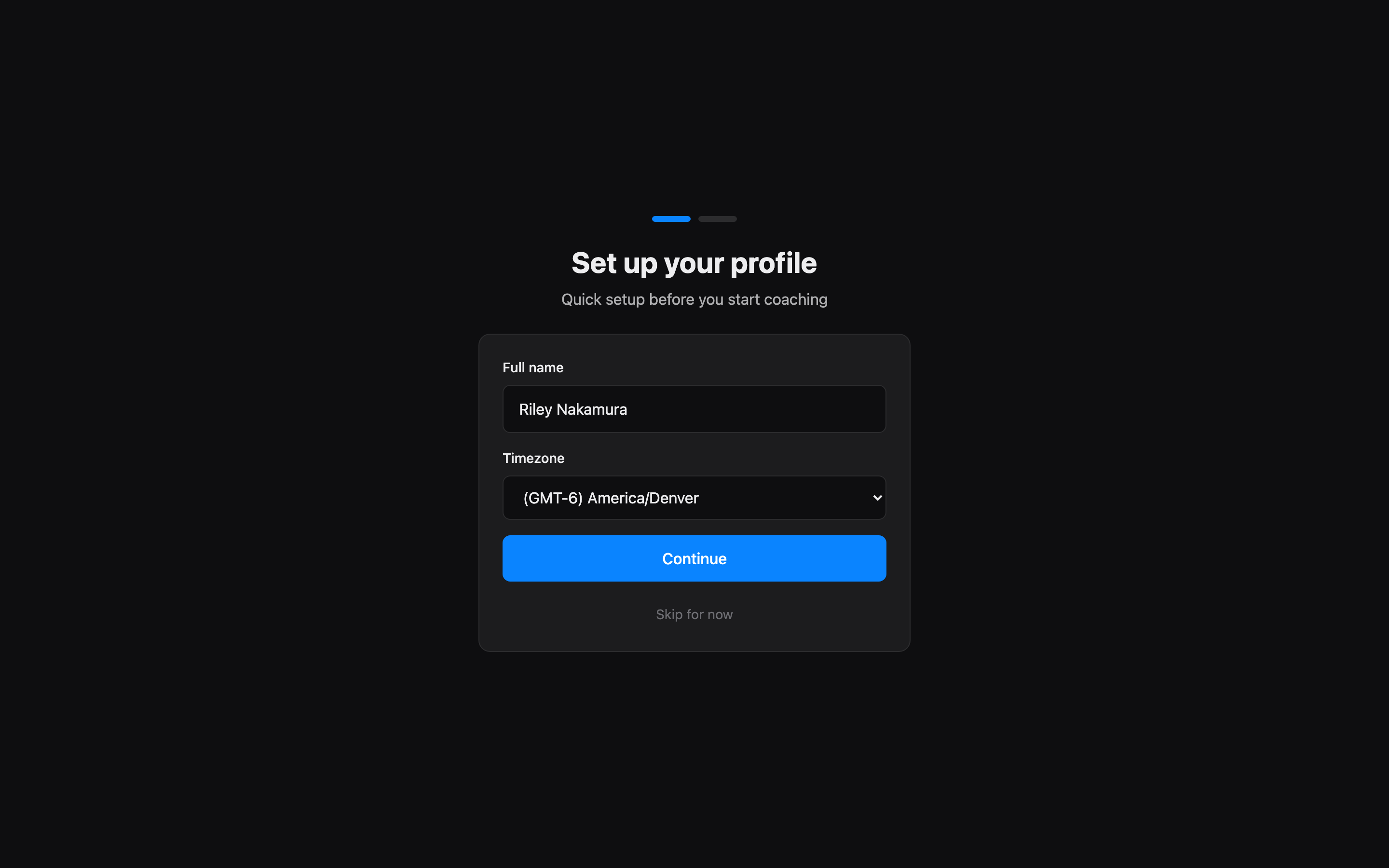 The profile setup step with full name and timezone