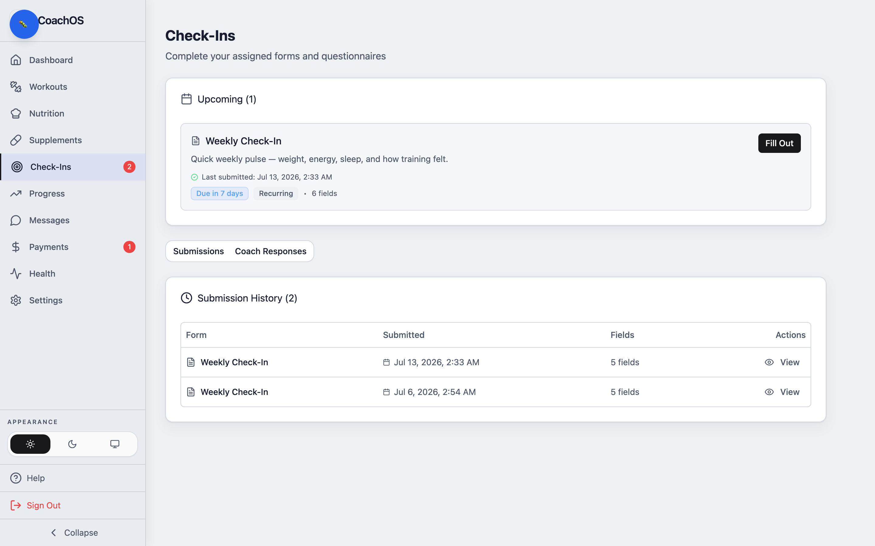 The check-ins page with a due form