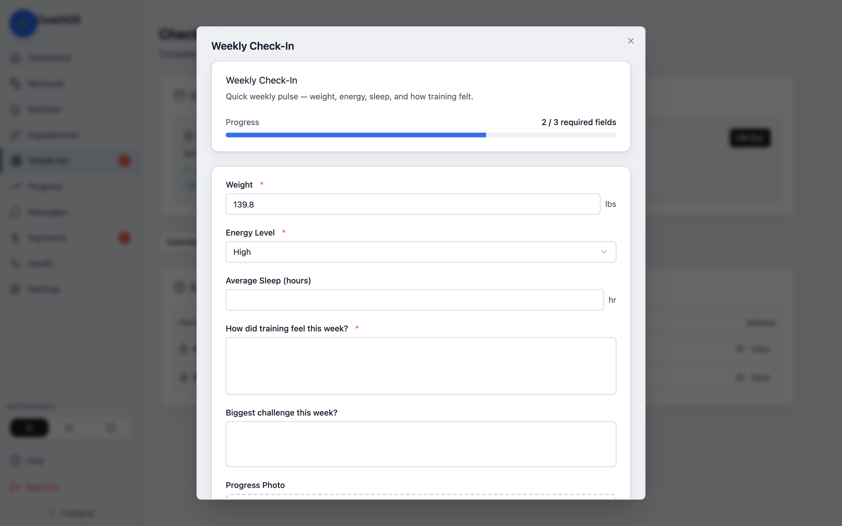 A partially filled check-in form
