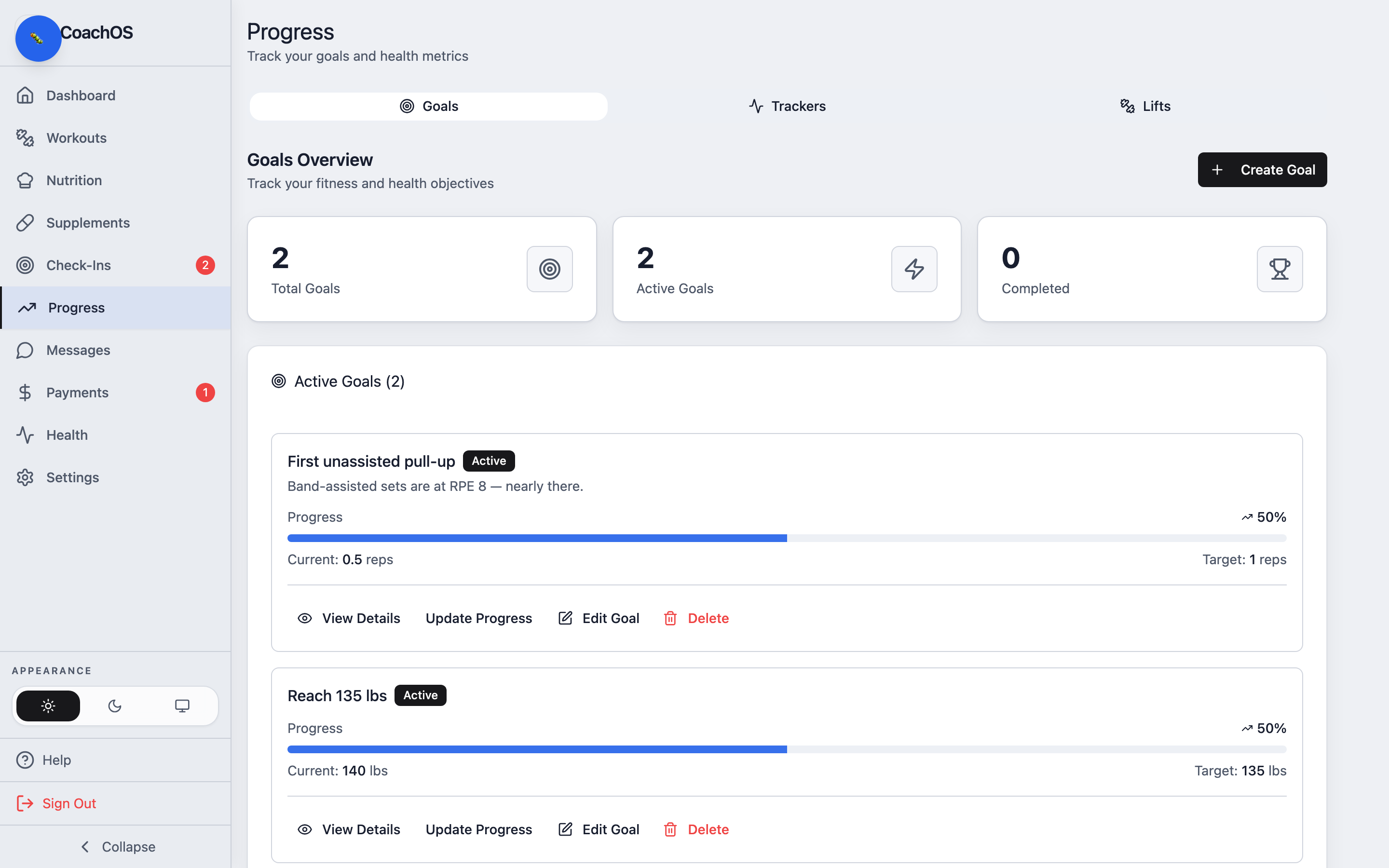 The goals tab in progress