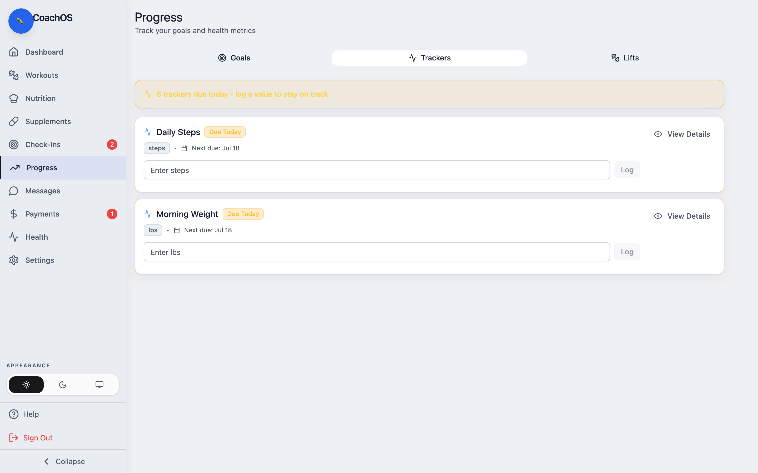 The trackers tab with charts