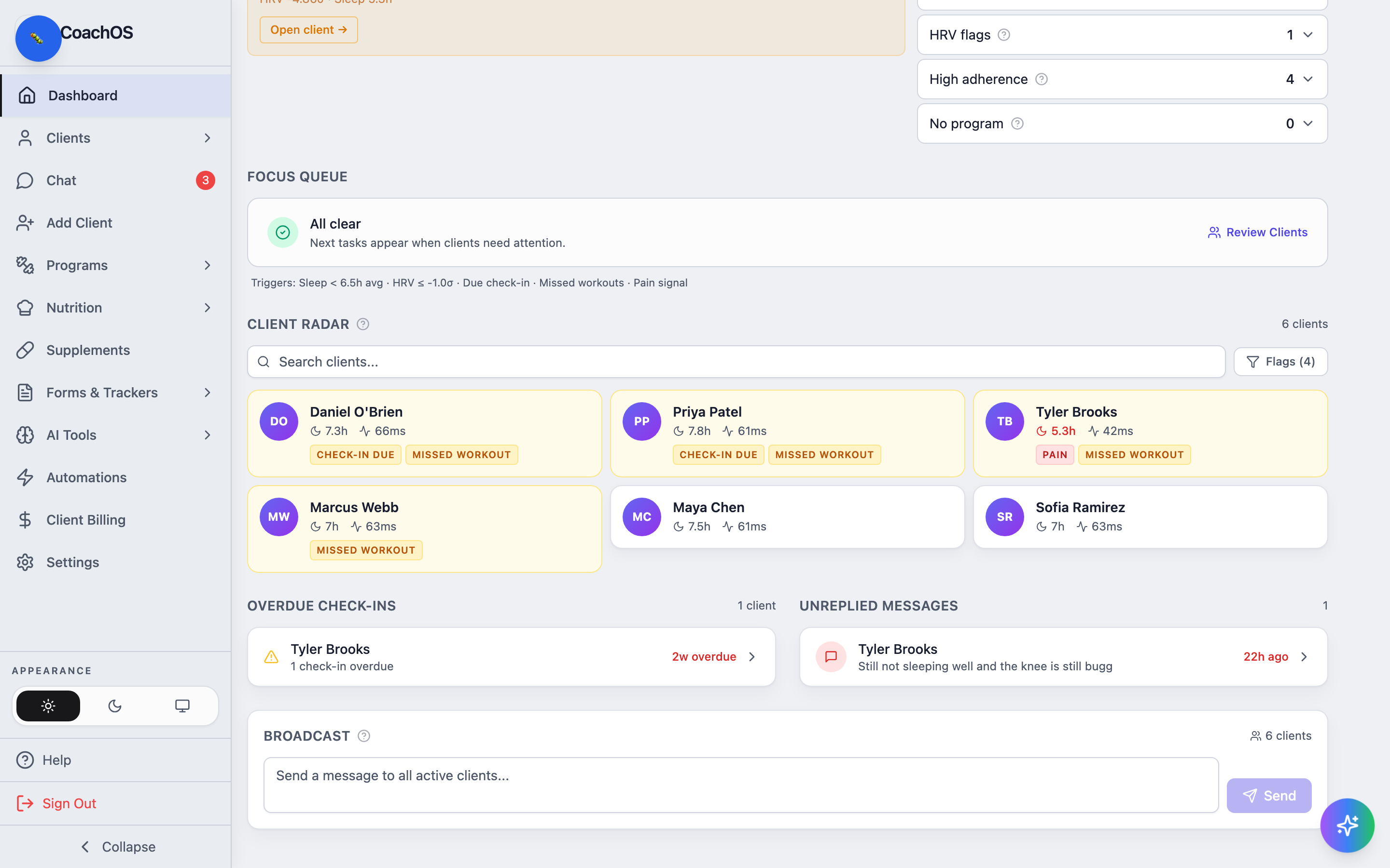 The overdue check-ins and unreplied messages sections