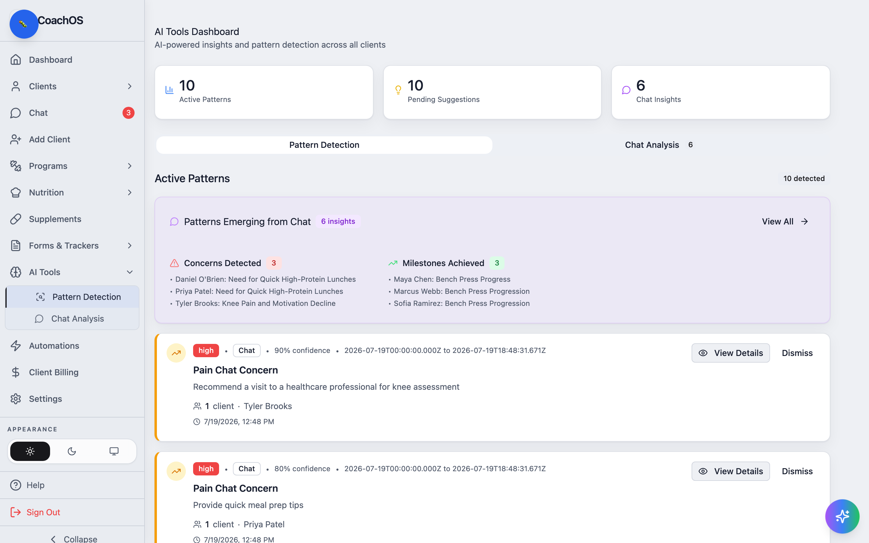 The AI tools dashboard with active patterns and chat insights