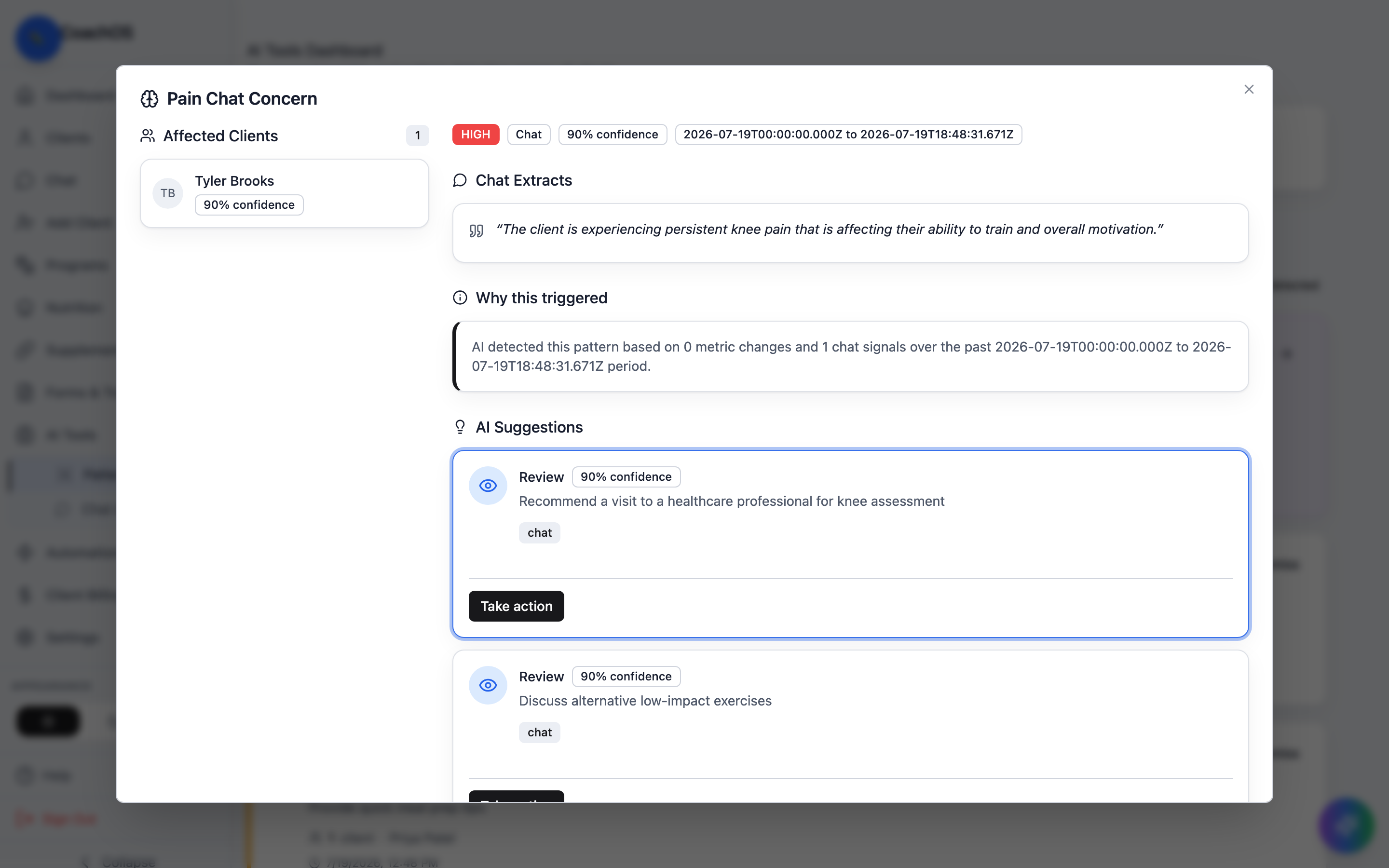 A pattern detail view with chat extracts and suggestions
