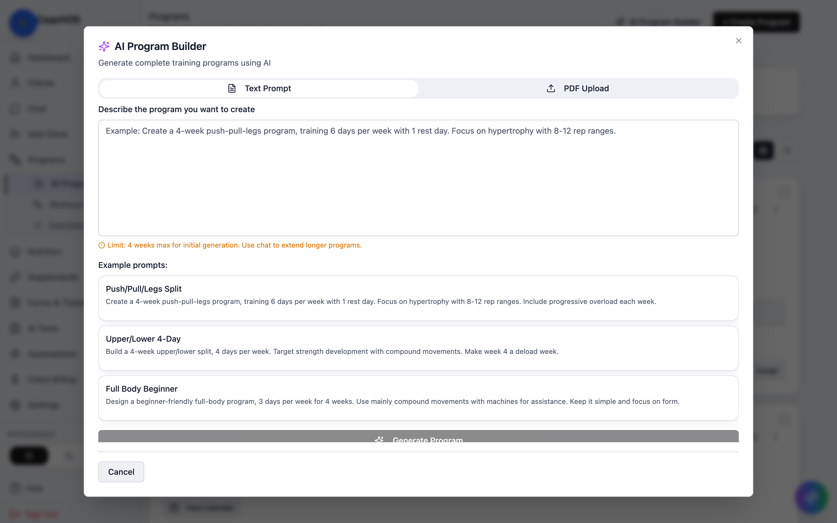 The AI program builder dialog