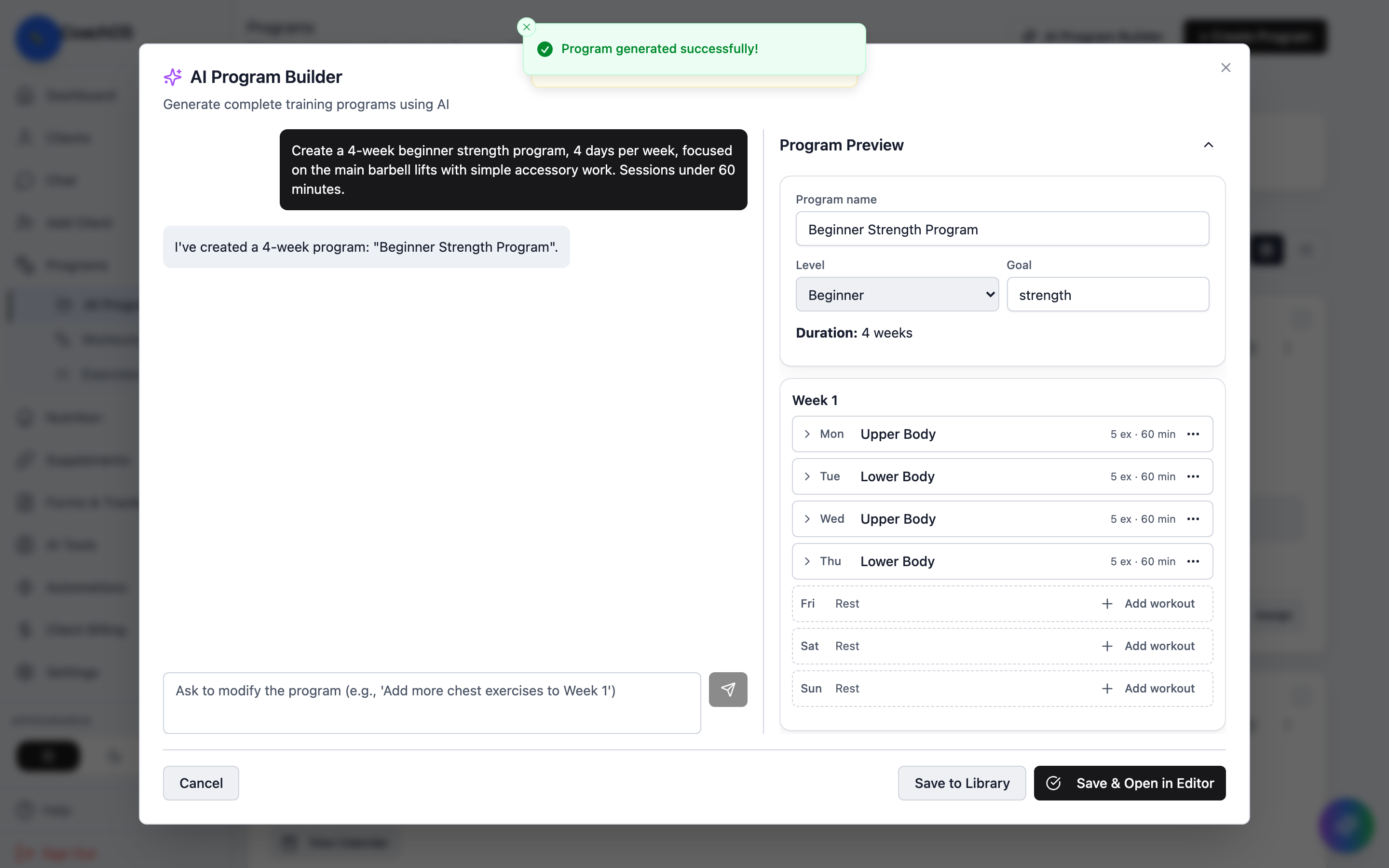 A generated program in the preview panel with the refine chat