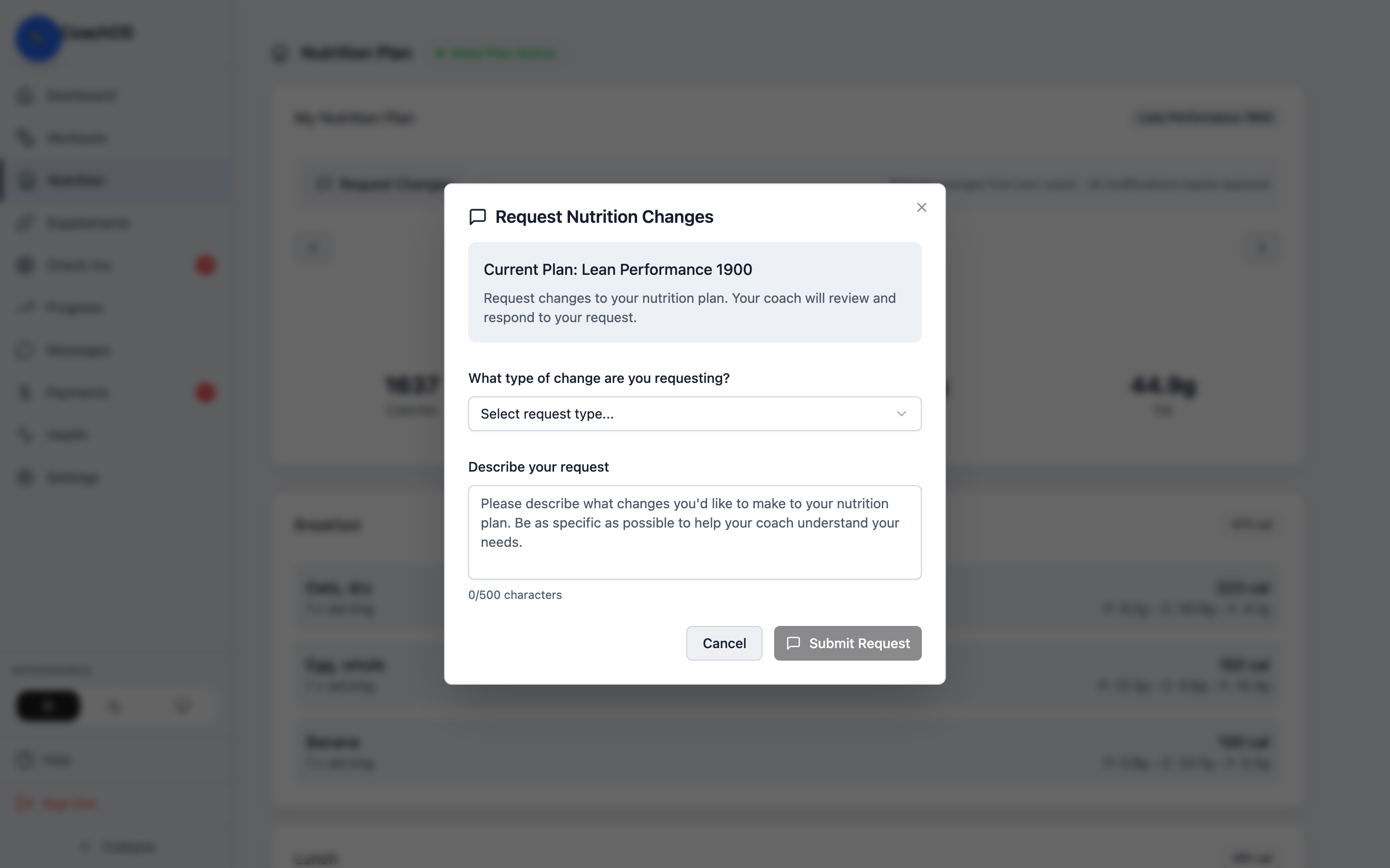 The request changes option on the nutrition plan