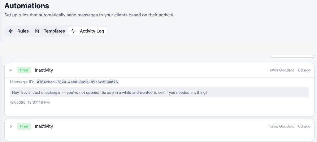 Automations activity log tab with fired events, message previews, and filter by outcome.