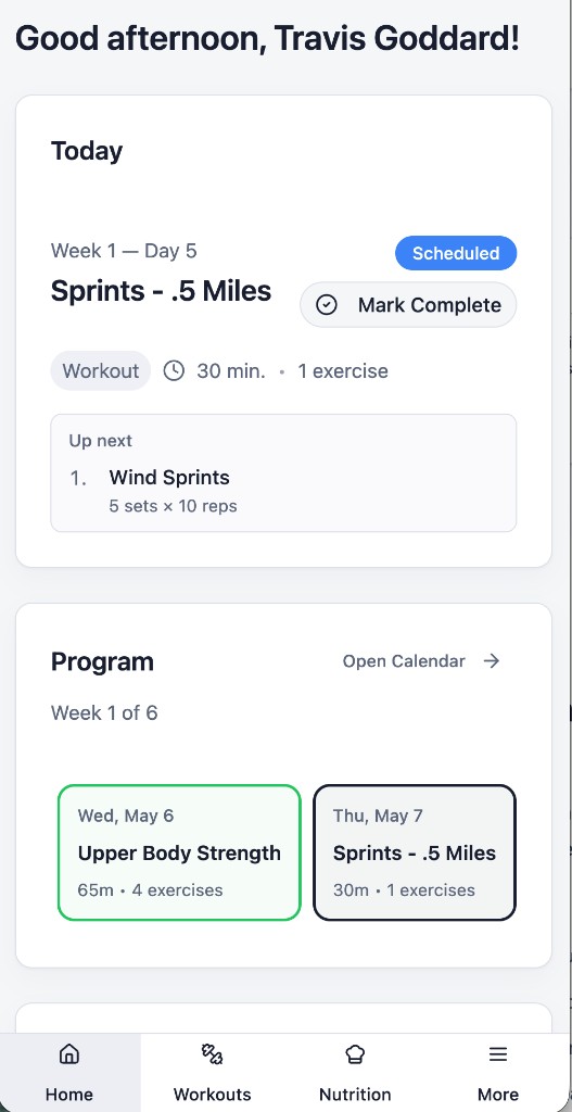 CoachOS client app home: Today workout, program preview, and bottom navigation.