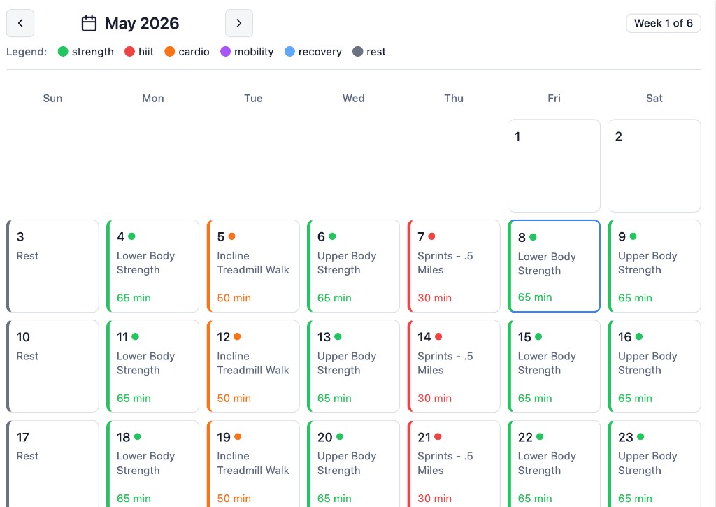 Client program calendar for May 2026 with color-coded workouts by day, activity legend, and week indicator.