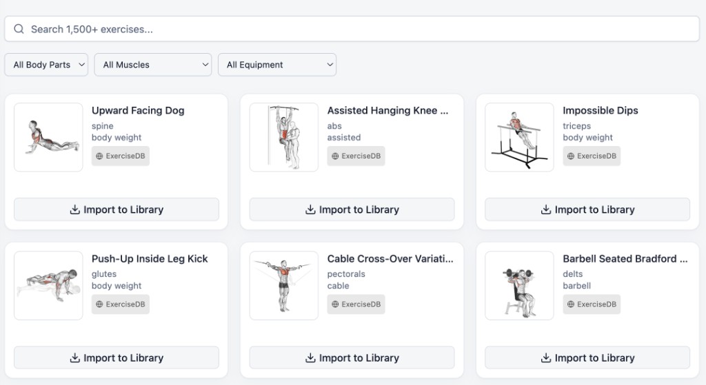 Exercise library with search, body part and equipment filters, and a grid of exercise cards with illustrations and import actions.