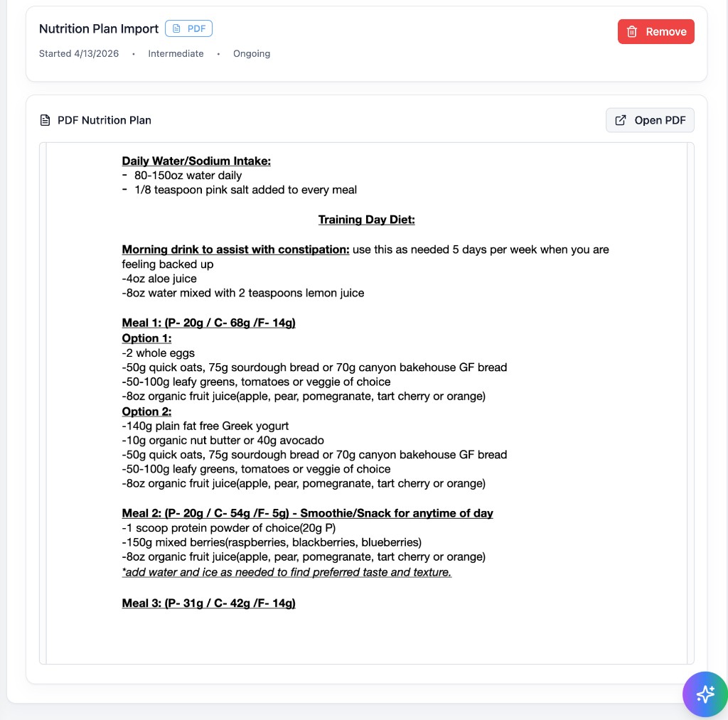 Nutrition plan import with PDF badge, metadata, remove action, and in-app PDF viewer for the uploaded meal plan.